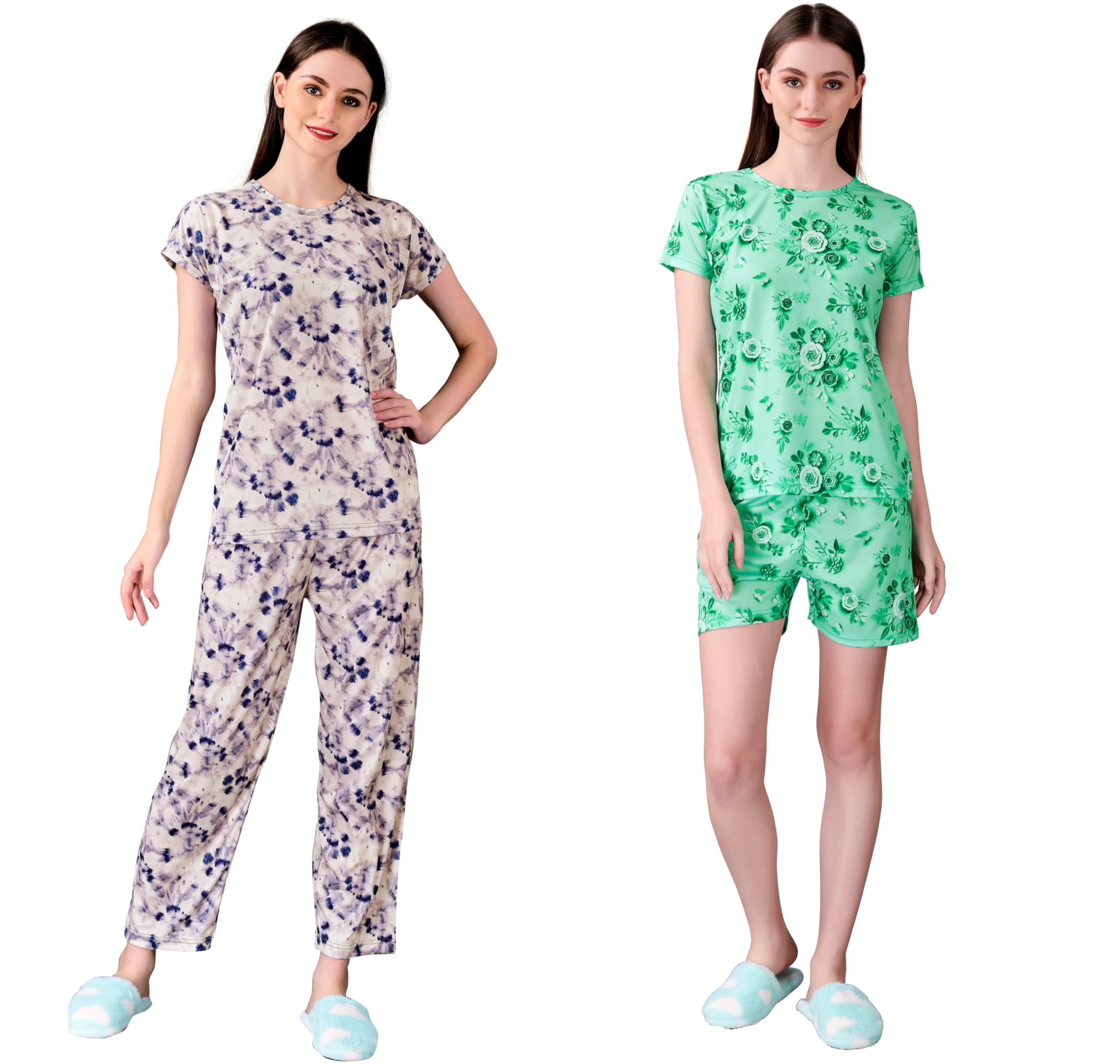 Vivaro Polyester Printed Solid Regular Top Short Sleeves Round Neck Everyday Latest Night Dress Combo for Womens Multicolor | T-Set 02 & FNC 13