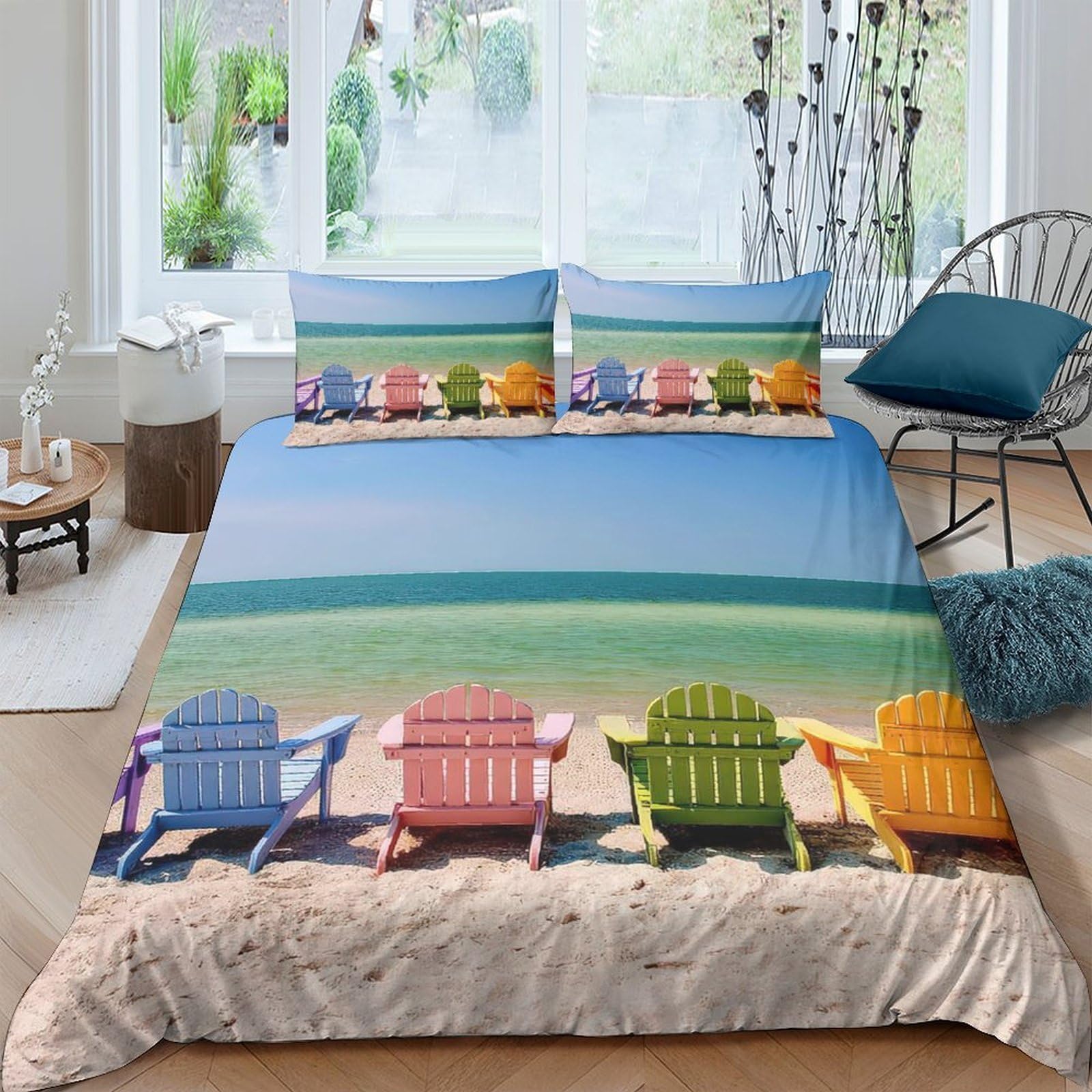 Ctjqhvkz Style-2 3D Printed Beach Seaside Fitted Sheet Microfiber Colorful Chairs Mattress Cover For Bedroom Guest Room Decor Single（135X200cm）