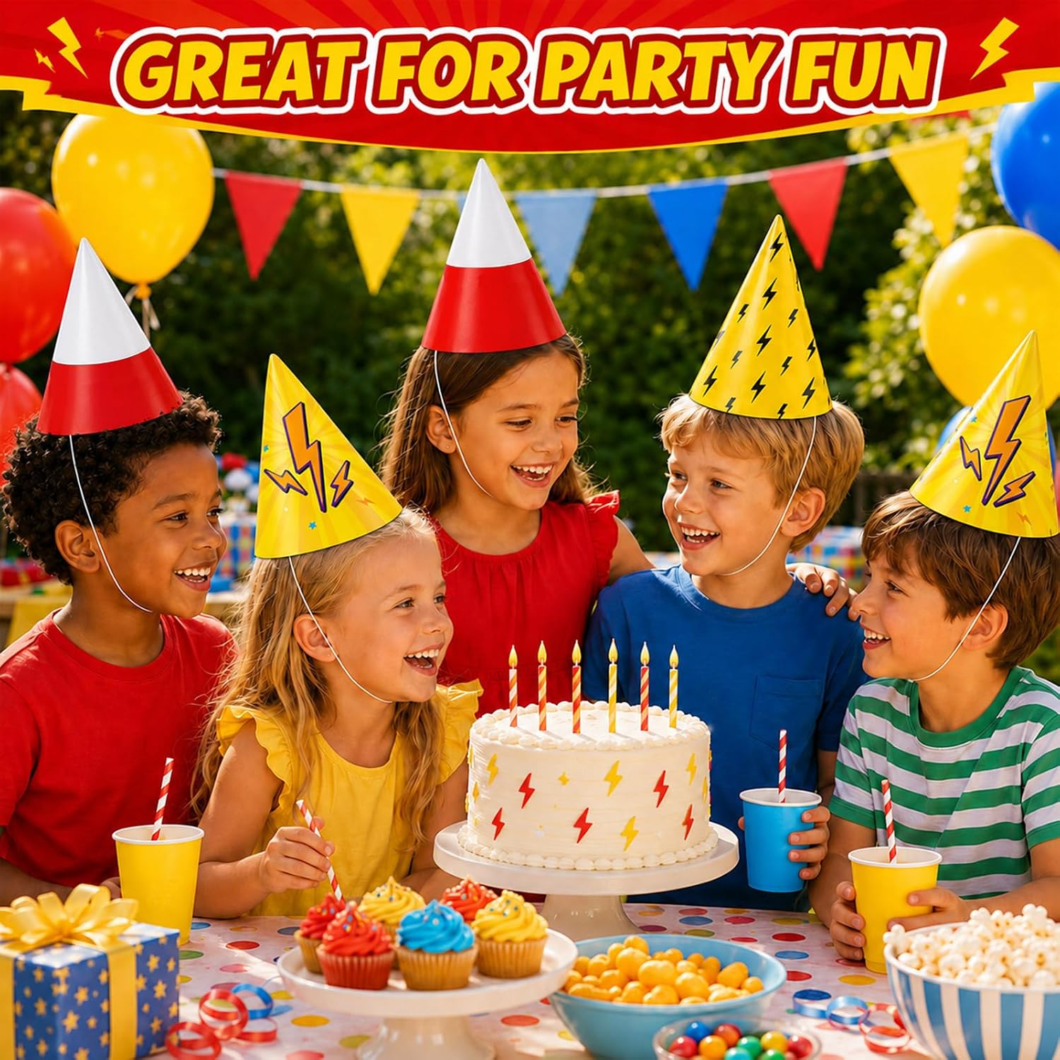 24 PCS Cartoon Animation Party Hats Red White Yellow Party Decoration Yellow Lightning Paper Cone Hats Cartoon Anime Birthday Cone Hat Cartoons Game Theme Headwear for Video Games Birthday Supplies