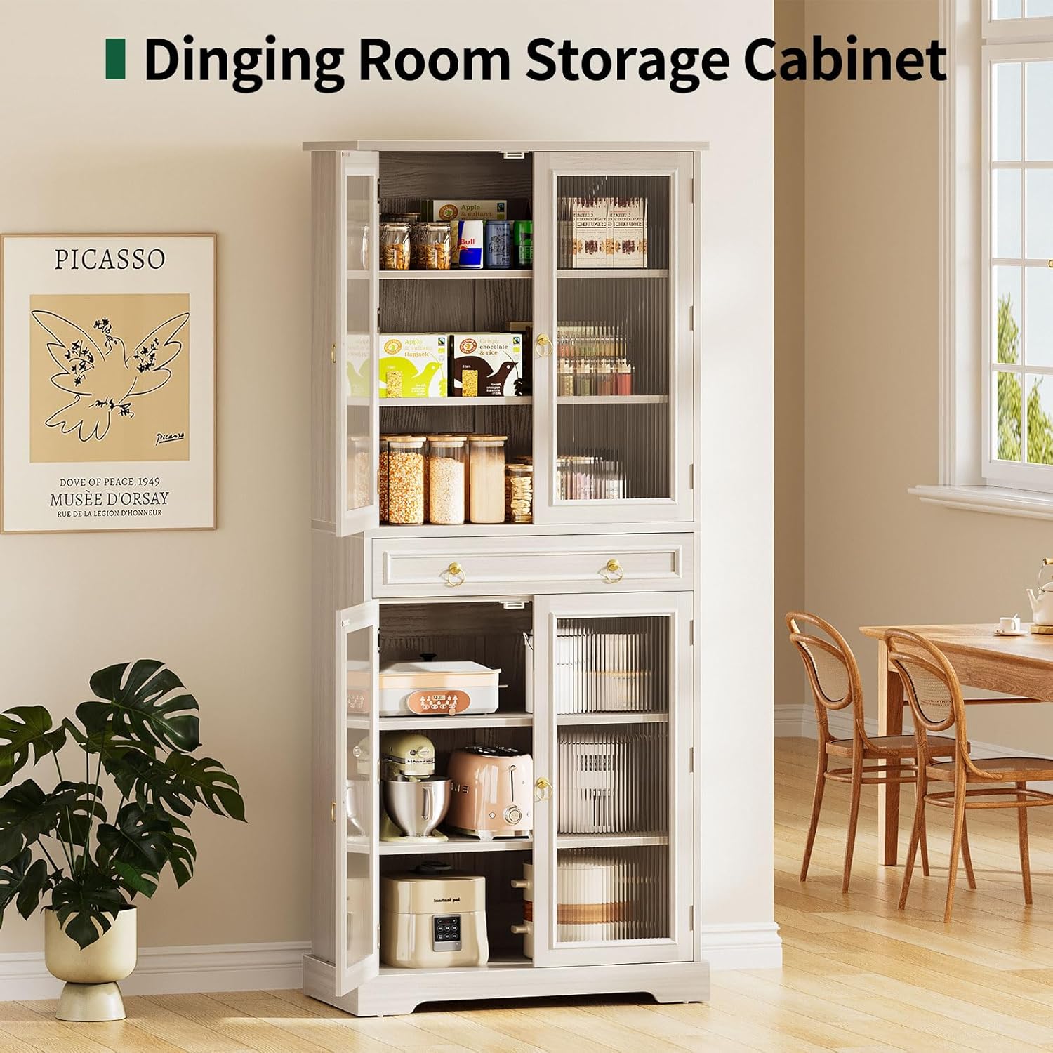 Kitchen Pantry Cabinet with Arcylic Doors and Adjustable Shelves - 72" Tall Storage Cabinet Freestanding Cupboard with Drawer, Food Pantry Cabinet, Wood Storage Cabinets for Dining Room, White