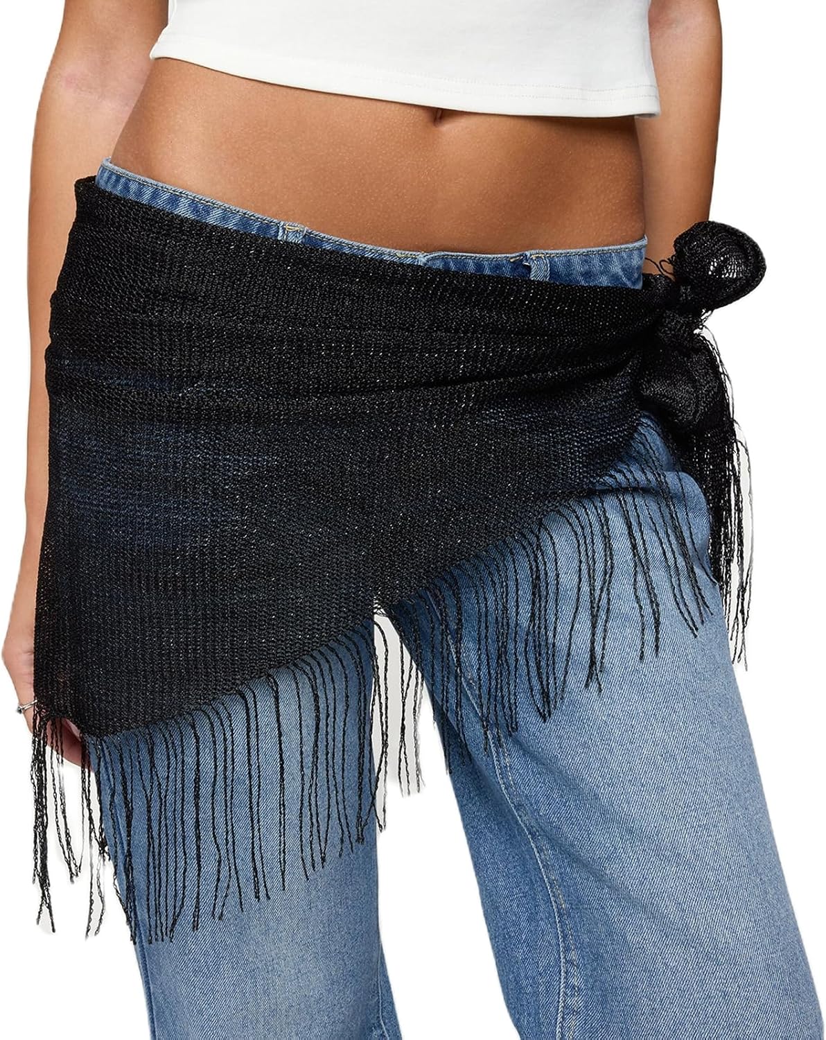 Women Sequin Fringe Tassel Hip Scarf Sexy Sheer Mesh Dance Belly Skirt Boho Cover Up Tie Waist Rave Beach Sarong