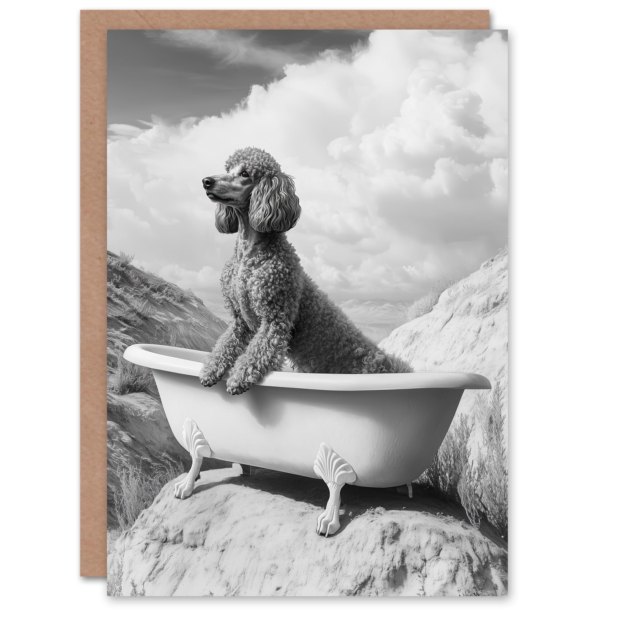 Artery8 Greeting Card Surreal Dog Lover Black White Poodle in Bathtub Blank For Him Or Her Art Birthday Card