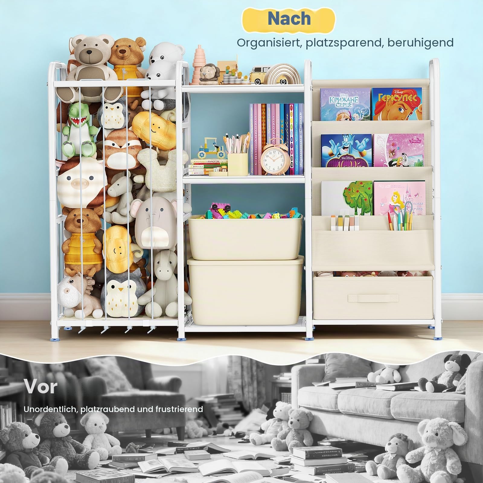 3-in-1-Kinder Bücherregal Kinderzimmer, Spielzeugregal Kinderzimmer mit Spielzeugkiste Kinderbücherregal und Spielzeugorganizer 3 Hängetaschen Schublade für Kindergarten, Spielzimmer (Weiß)