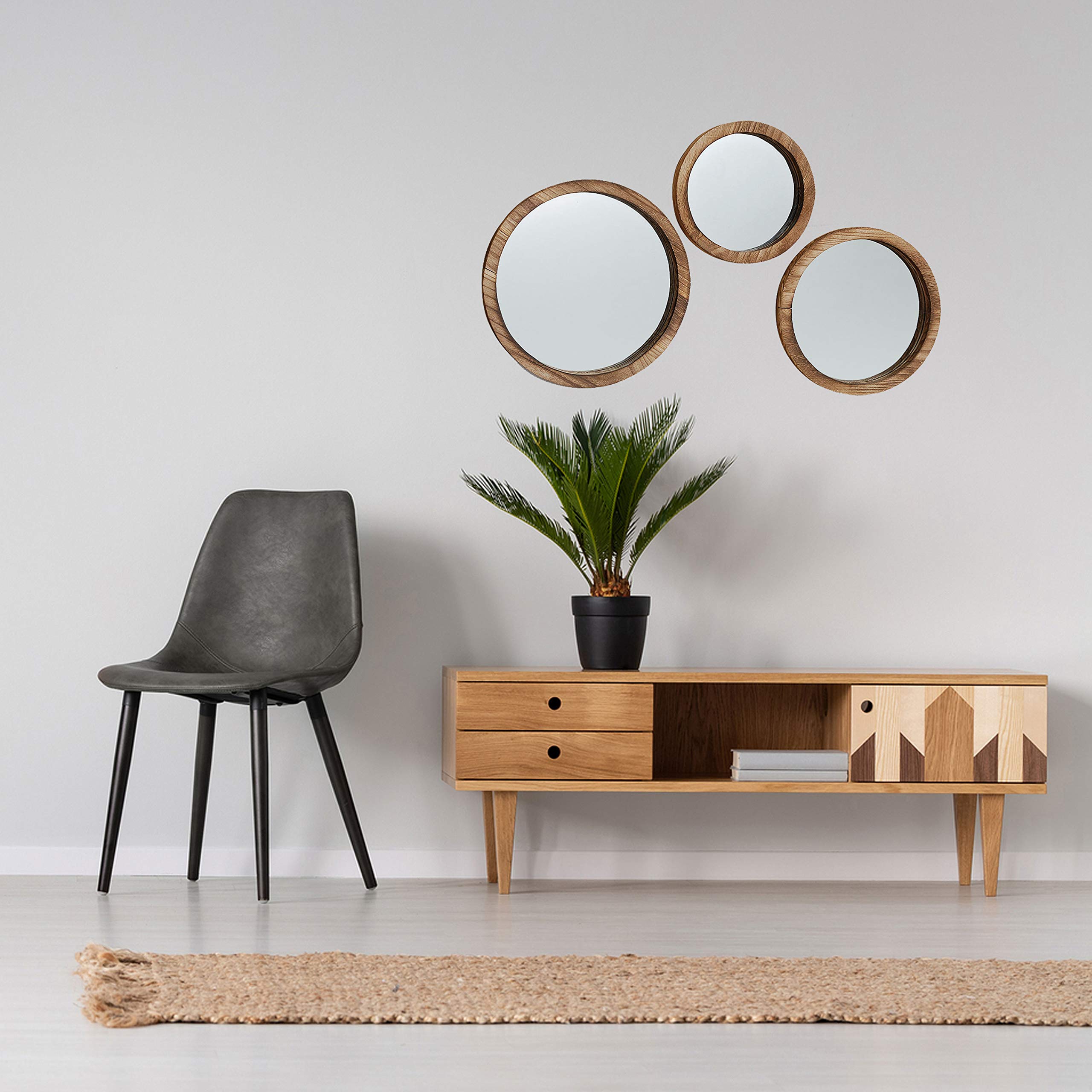 Nagina International The Rustic Boho Chic Porthole Mirror Trio, Set of 3-10, 12 and 13 ¾-Inches Diameter, Glass and Sustainable Wood, By Whole House Worlds
