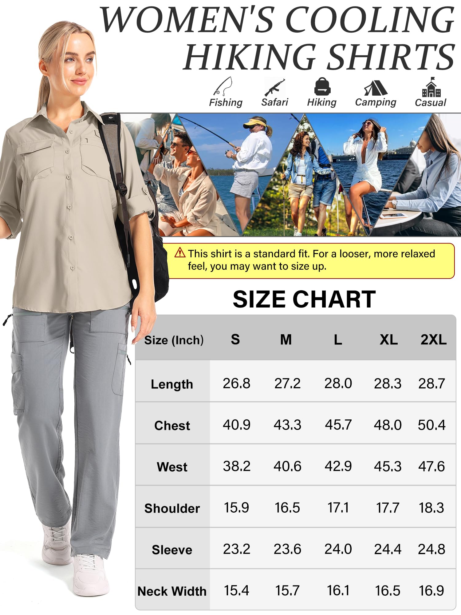 Chemise de safari à manches longues pour femme UPF 50 Protection solaire UV Séchage rapide Randonnée Marche Pêche Voyage en plein air