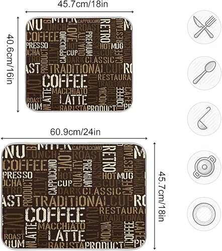 Miniatura 5 de Tapete de secado de platos para encimera de cocina, 16 x 18 pulgadas, absorbente y lavable, protector de encimera con lazo (tema de café)