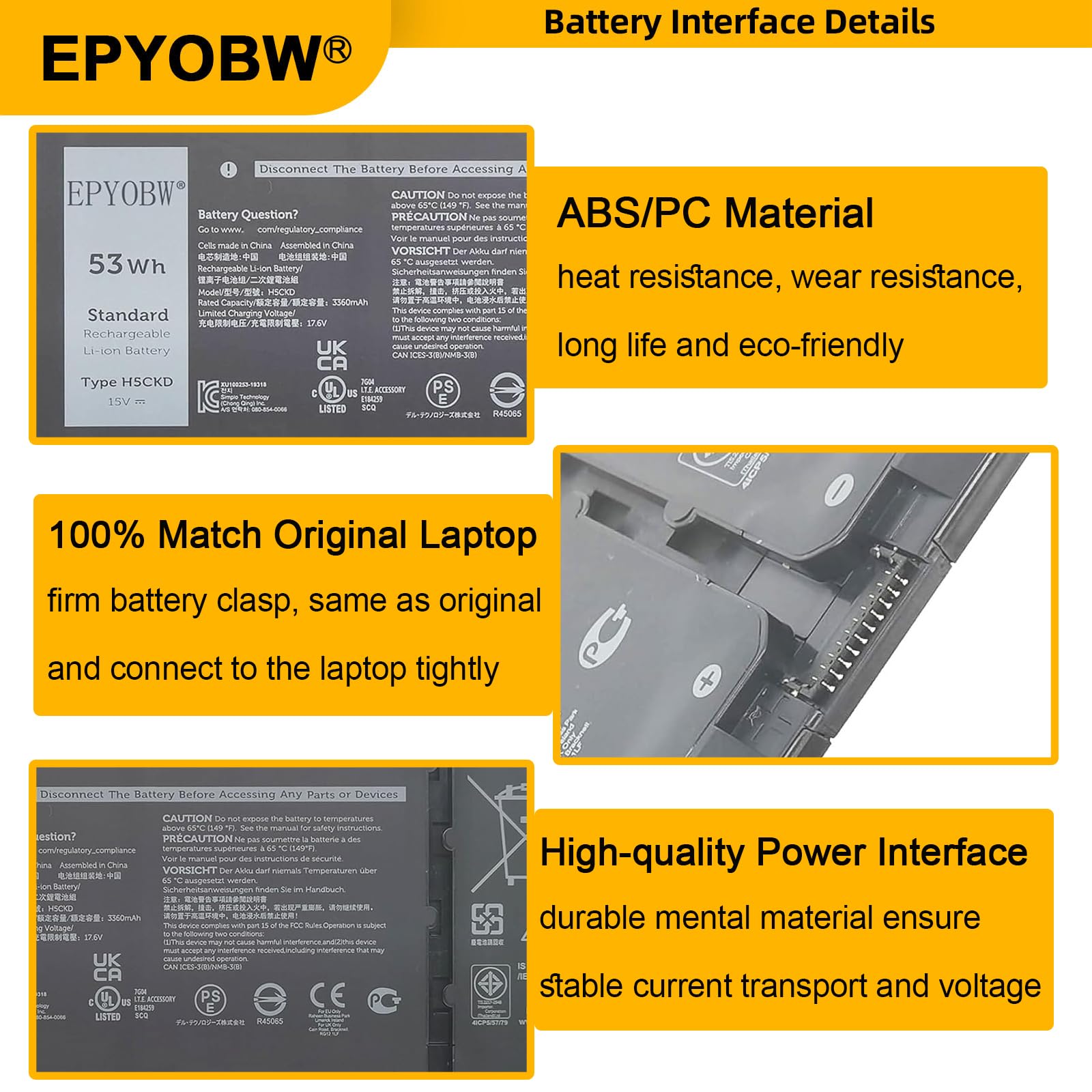 Amazon.com: EPYOBW H5CKD Laptop Battery 53Wh 3360mAh 15V 0H5CKD
