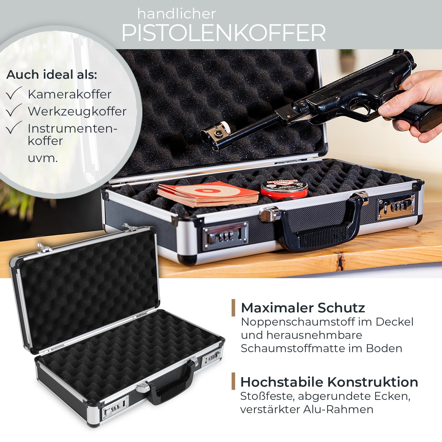 HMF 14403-02 Alu Waffenkoffer für Pistolen mit Zahlenschloss | 42 x 26 x 12 cm | Schwarz