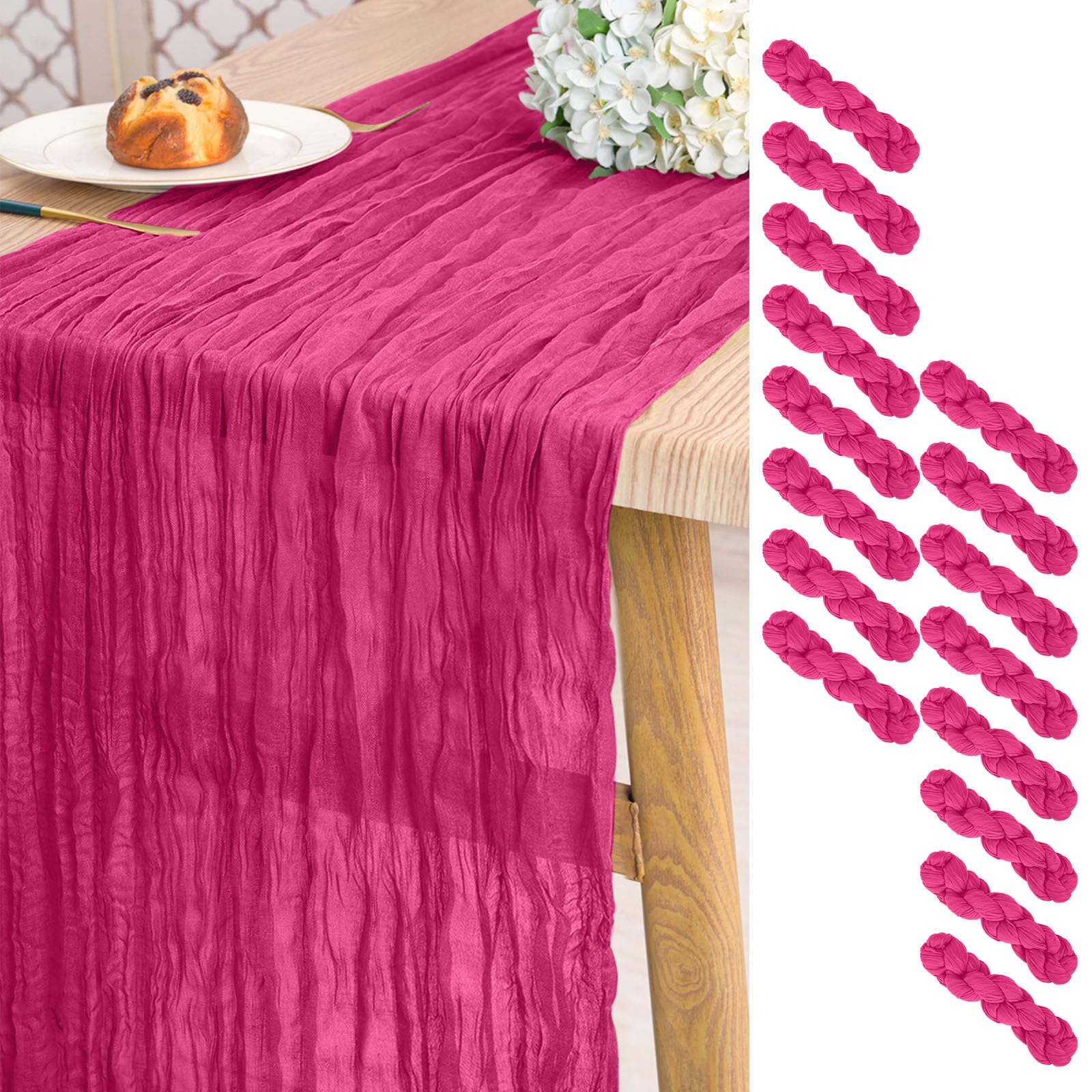 16 Pack Hot Pink Gauze Cheesecloth Table Runner ,10ft Long Gauze Boho Table Runners for Wedding,Bridal Shower,Party,Banquet Decoration-21.5 x 120 Inch