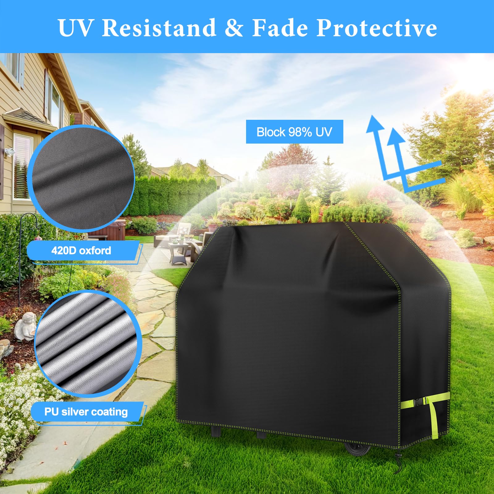 Funda Barbacoa Exterior Impermeable, VDISRR 420D Oxford Resistente al Desgarro Funda Protectora para BBQ 117 x 66 x 117 cm, Cubierta de Barbacoa Exterior Anti-Viento/Anti-Polvo/Anti-Humedad/Anti UV