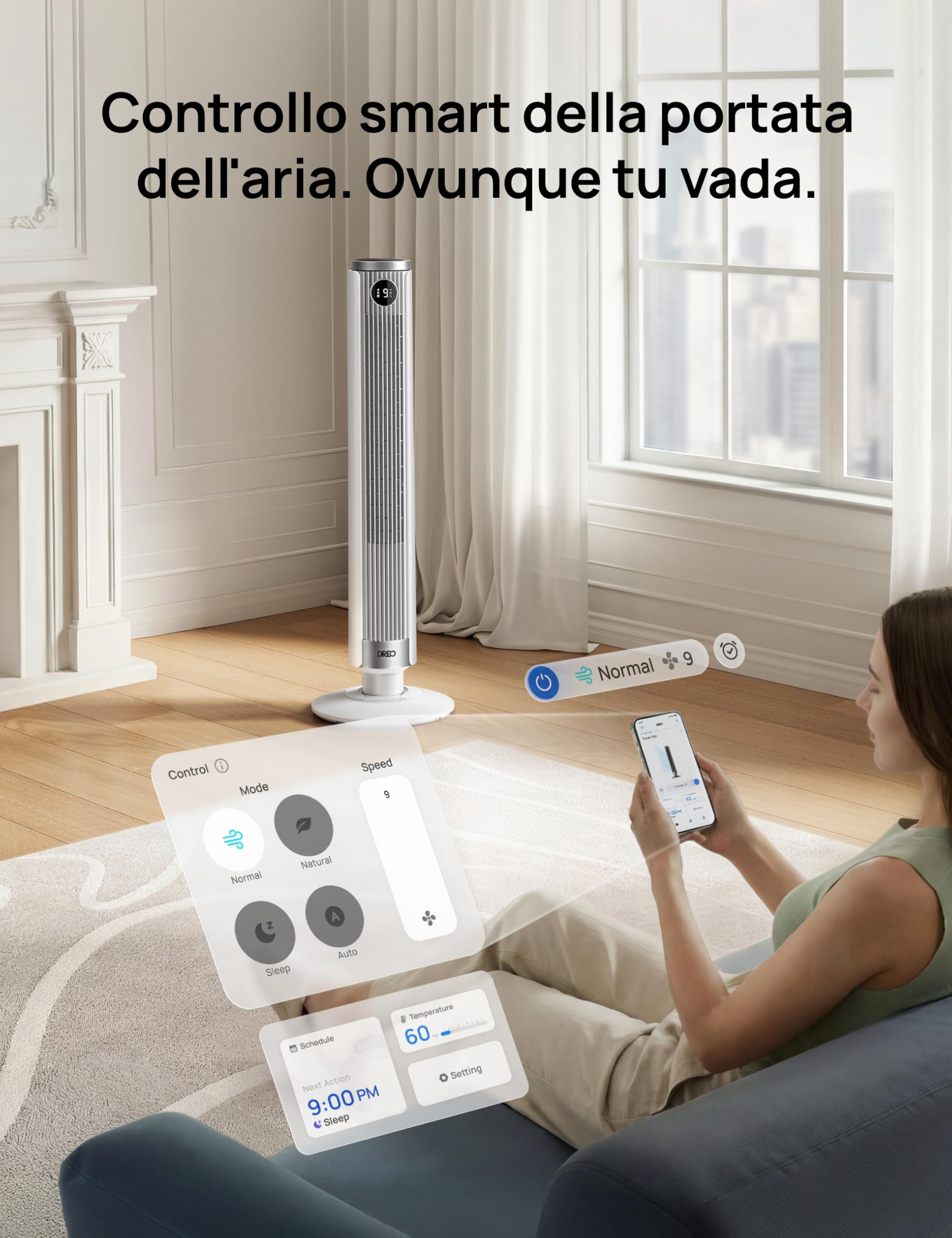 DREO Ventilatore a Torre Smart 554S, Ventilatore a Torre Regolabile 102–114cm per Camera, 8.4 m/s, Oscillazione 90°, Silenzioso 20 dB Dormire, 9 Velocità, 4 Modalità, Timer 12 h per Casa e Ufficio