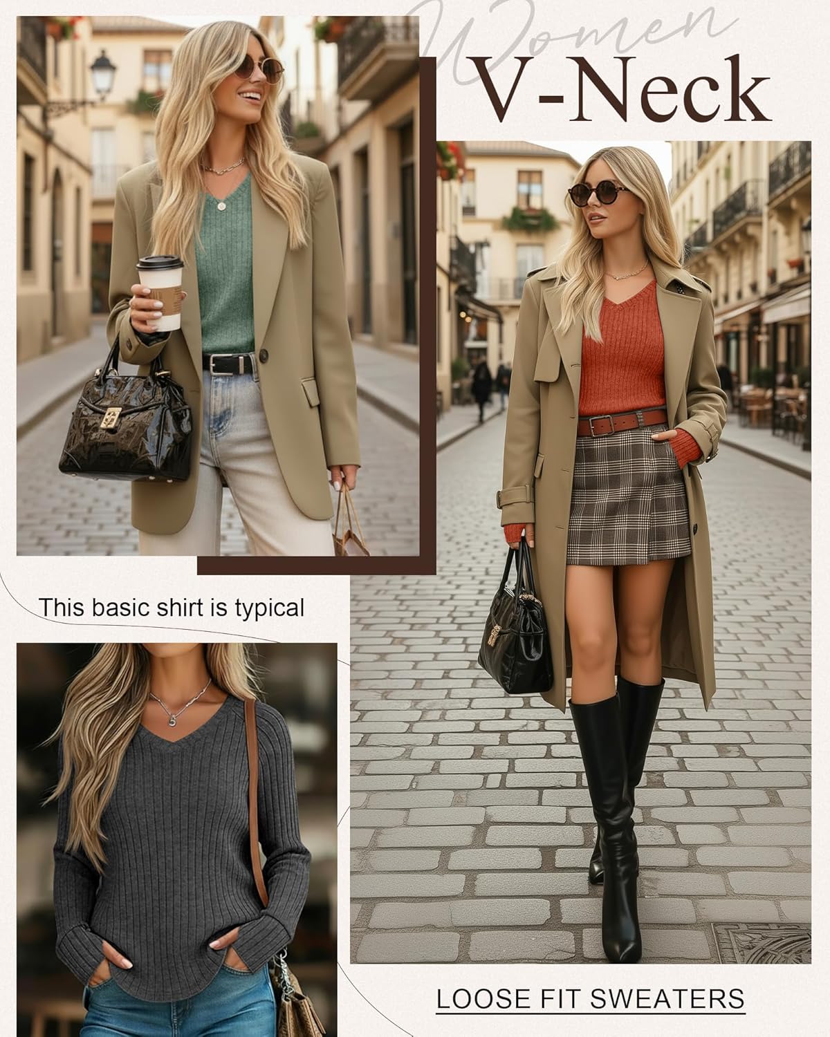 3 Pack Women's V Neck Sweaters with Thumb Holes Ribbed Long Sleeve Shirts Casual Fall Tops Tunic Clothes - Image 3