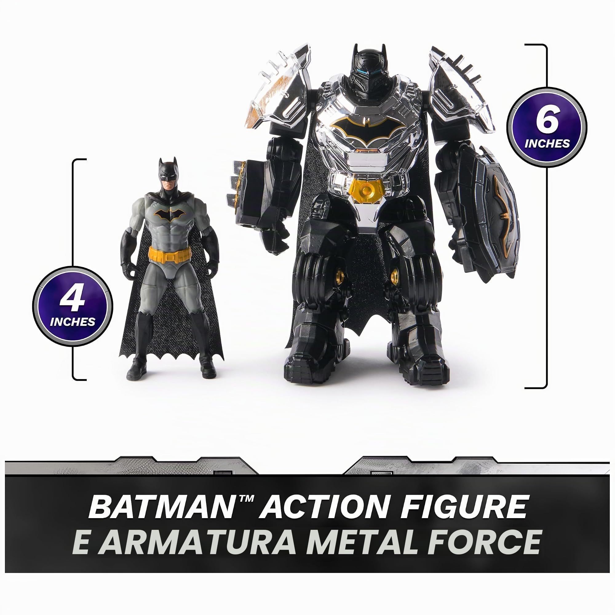 DC Comics, Action figure di Batman Metal Force, 15,2 cm con mini figura da 10,2 cm, blaster e armatura integrati, giocattoli per bambini per ragazzi e ragazze dai 4 anni in su