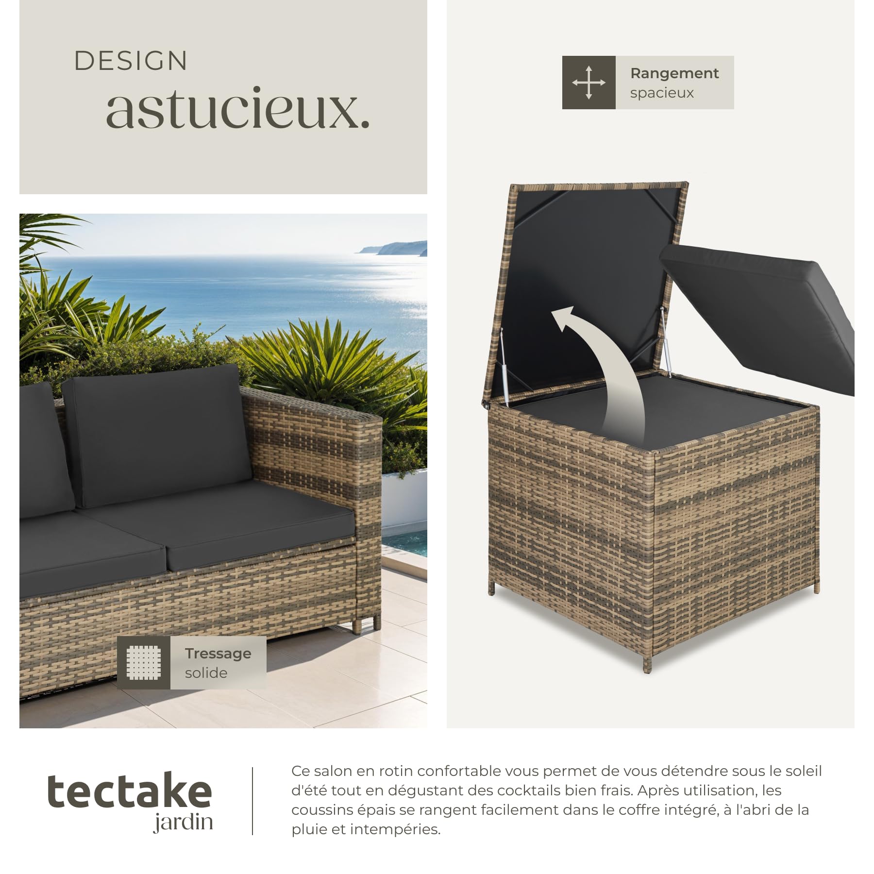 tectake® Ensemble Salon de Jardin Exterieur en Poly Rotin 4 Personnes, 2 Canapés modulables, Coffre de Rangement et Table de Jardin en Verre Inclus, Mobilier de Jardin pour Amenagement Balcon