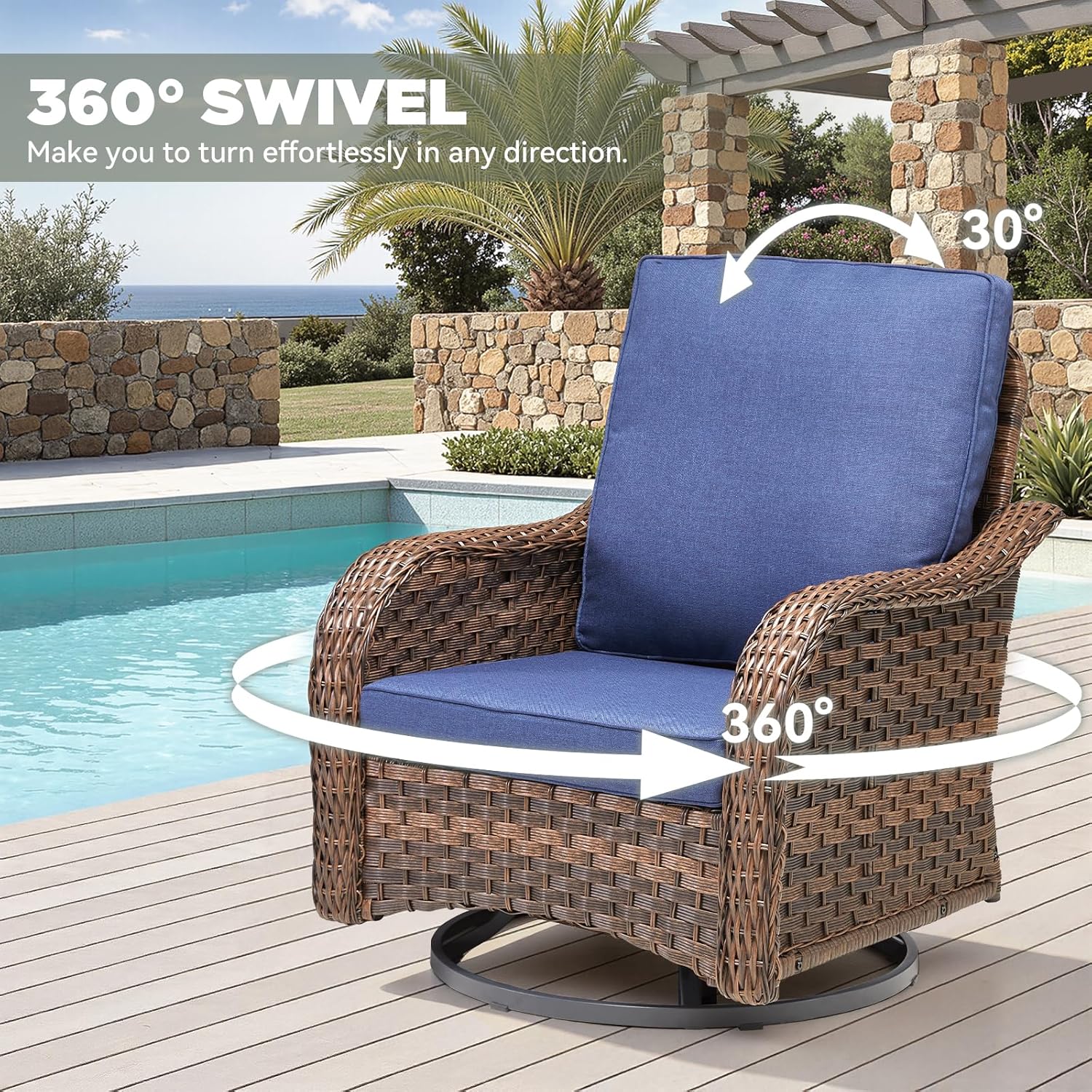 10 PCS Patio Furniture Set, 4 Swivel Rocking Chairs with 4 Ottomans & 2 Side Tables, 4-Inch Thick Olefin Cushions, 300 lbs Capacity Wicker Swivel Rocker Chairs for Porch, Fire Pit, Blue