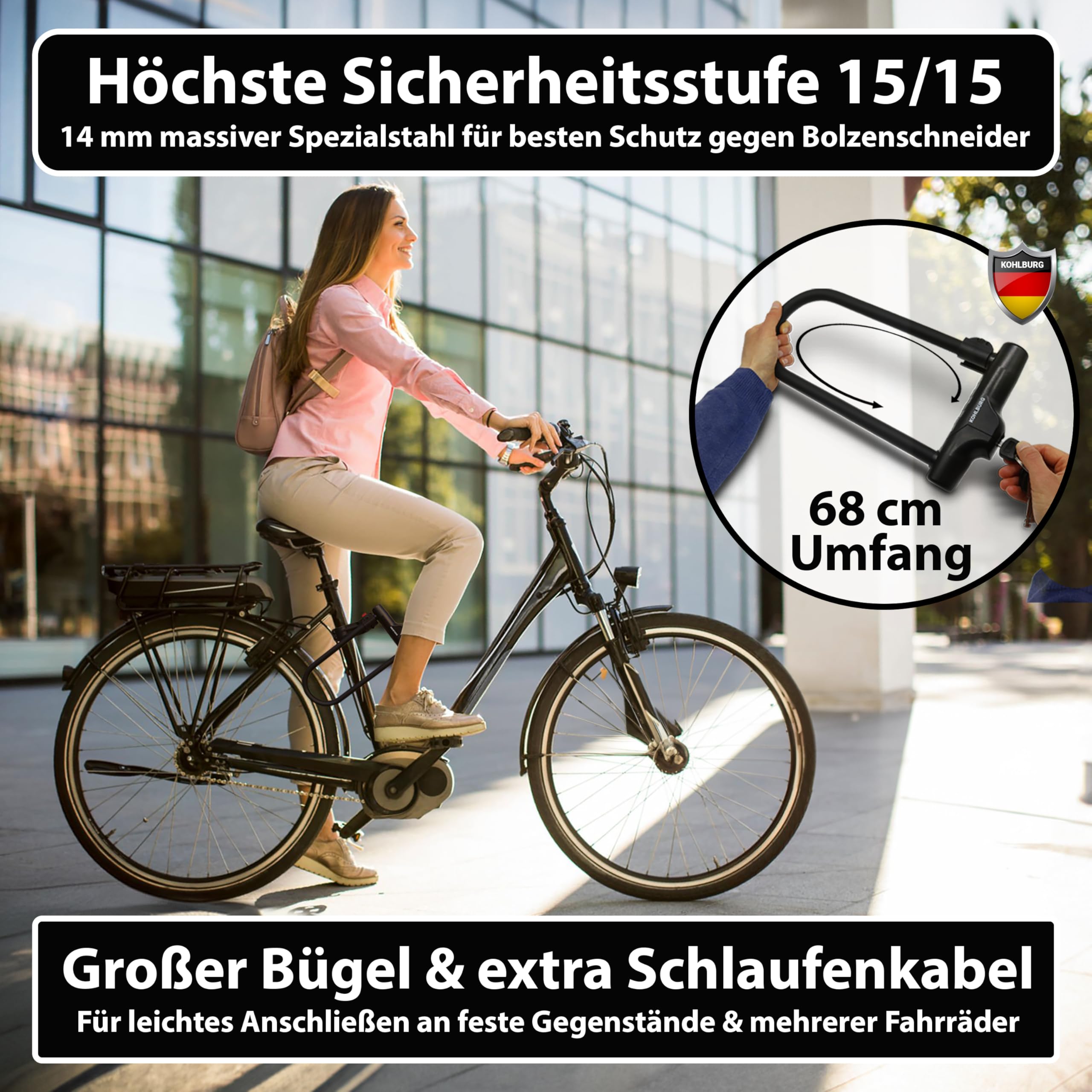 KOHLBURG Sicherheits- Bügelschloss höchste Sicherheitsstufe 15/15 mit 170 cm Kabel - sicheres Bügel Schloss groß mit Halterung für E-Bike & Fahrrad - Fahrradschloss hohe Sicherheit - U Lock Bike