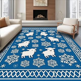 Ultra Soft Area Rug 8x10, Nordic Winter Sheep Motif Interlocking Snowflake Hook, Non Slip, Stain Resistant, Washable Area Rugs for Living Room, Bedroom(Blue, 8x10)