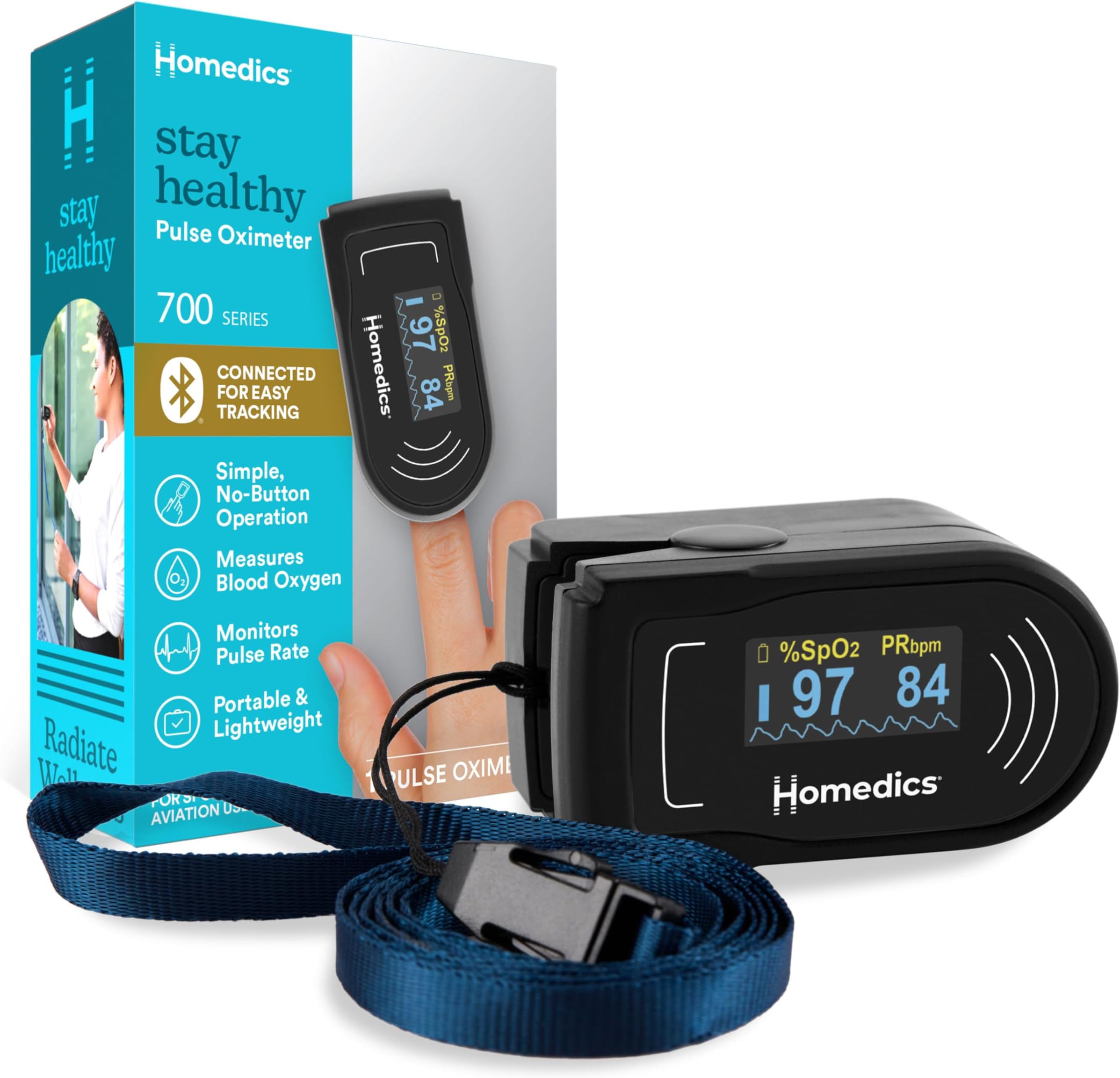Homedics Smart Pulse Oximeter Fingertip,700 Series,App Bluetooth Oxygen Saturation Monitor with Heart Rate, Auto-Rotating Display, OLED Screen, Soft Silicone