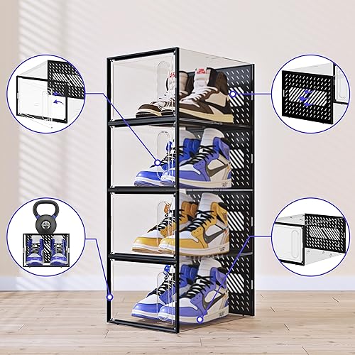 Miniatura 5 de JOISCOPE Paquete de 12 cajas de almacenamiento de zapatos, se ajusta hasta talla 13 de EE. UU., organizador de zapatos apilable de plástico PP