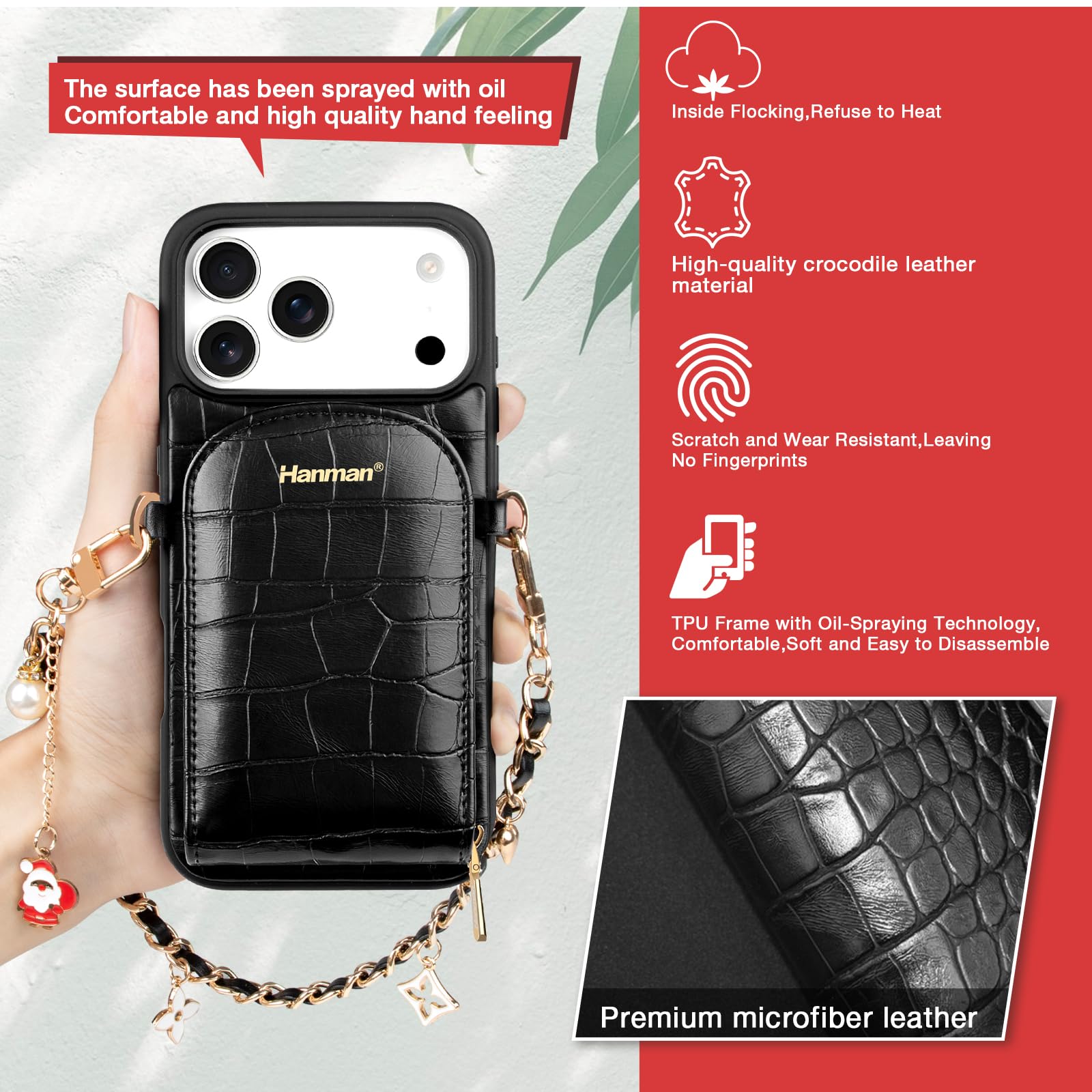 Hanman Schutzhülle aus Leder mit Handschlaufe, RFID-blockierend, Mikrofaser, PU-Leder, Reißverschluss, Geldbörse für iPhone 17 Pro Max, Krokodil-Hand-Kartenhalter, Schwarz