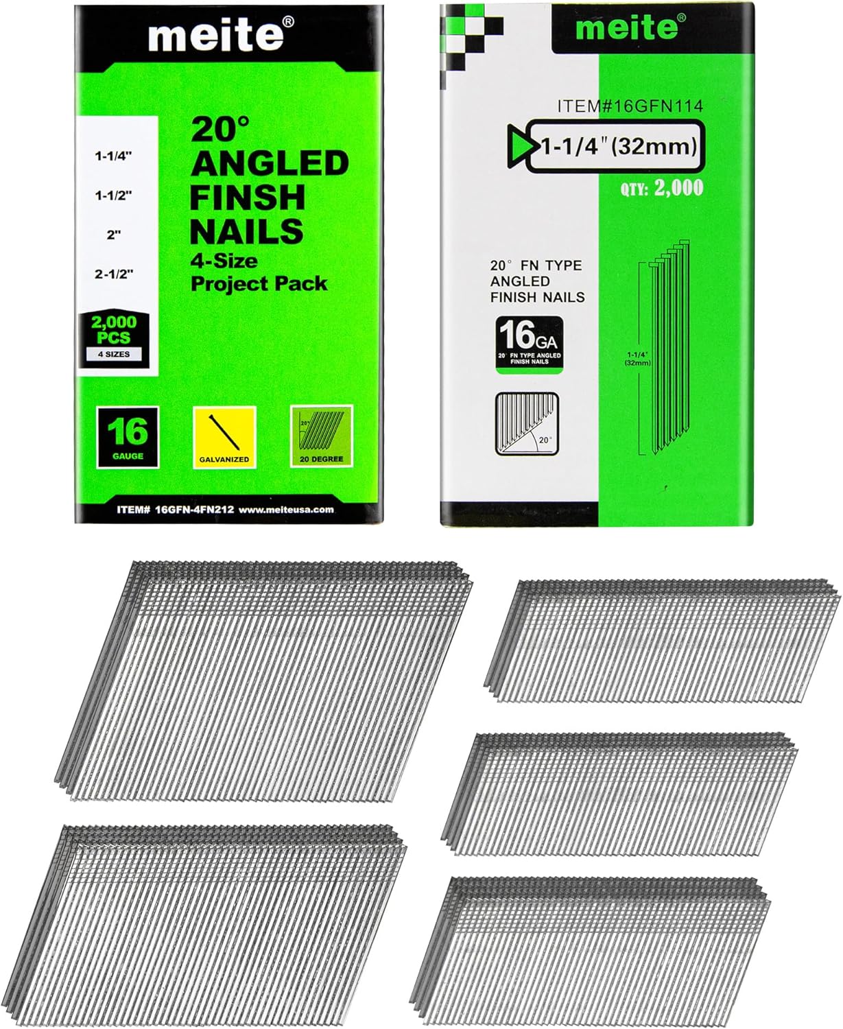 meite 16 Gauge 20 Degree Finish Nails Set 2000-Pack Assorted Size & 1-1/4 Inch Project Pack Galvanized Angled Finishing Nails for Finish Nailer Cabinet Crown Baseboard