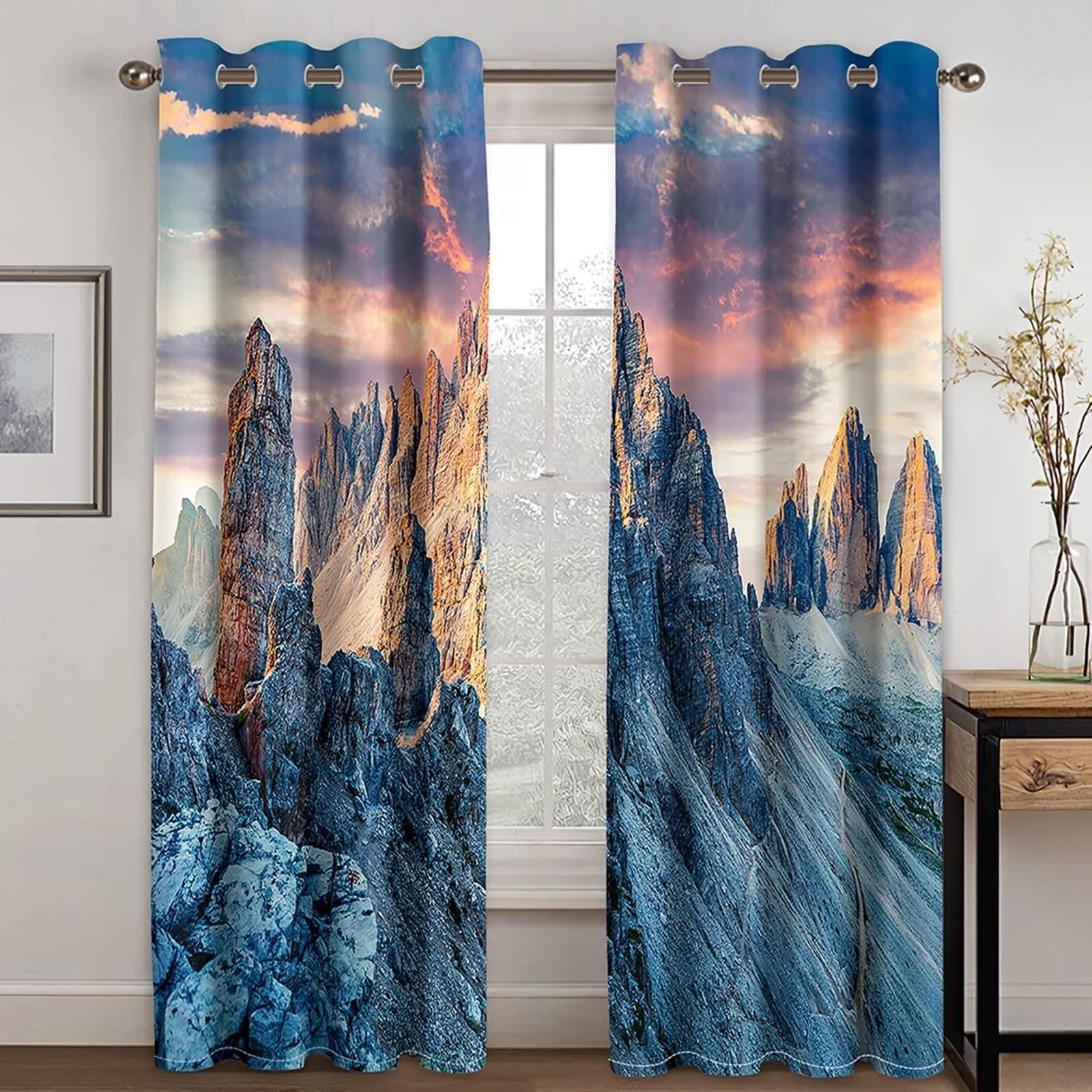 Verdunklungsvorhänge Wohnzimmer, Gardinenstoff Vintage Graubraun Polyester Berglandschaft Dekoration 2er Set B 86 x H 183 cm