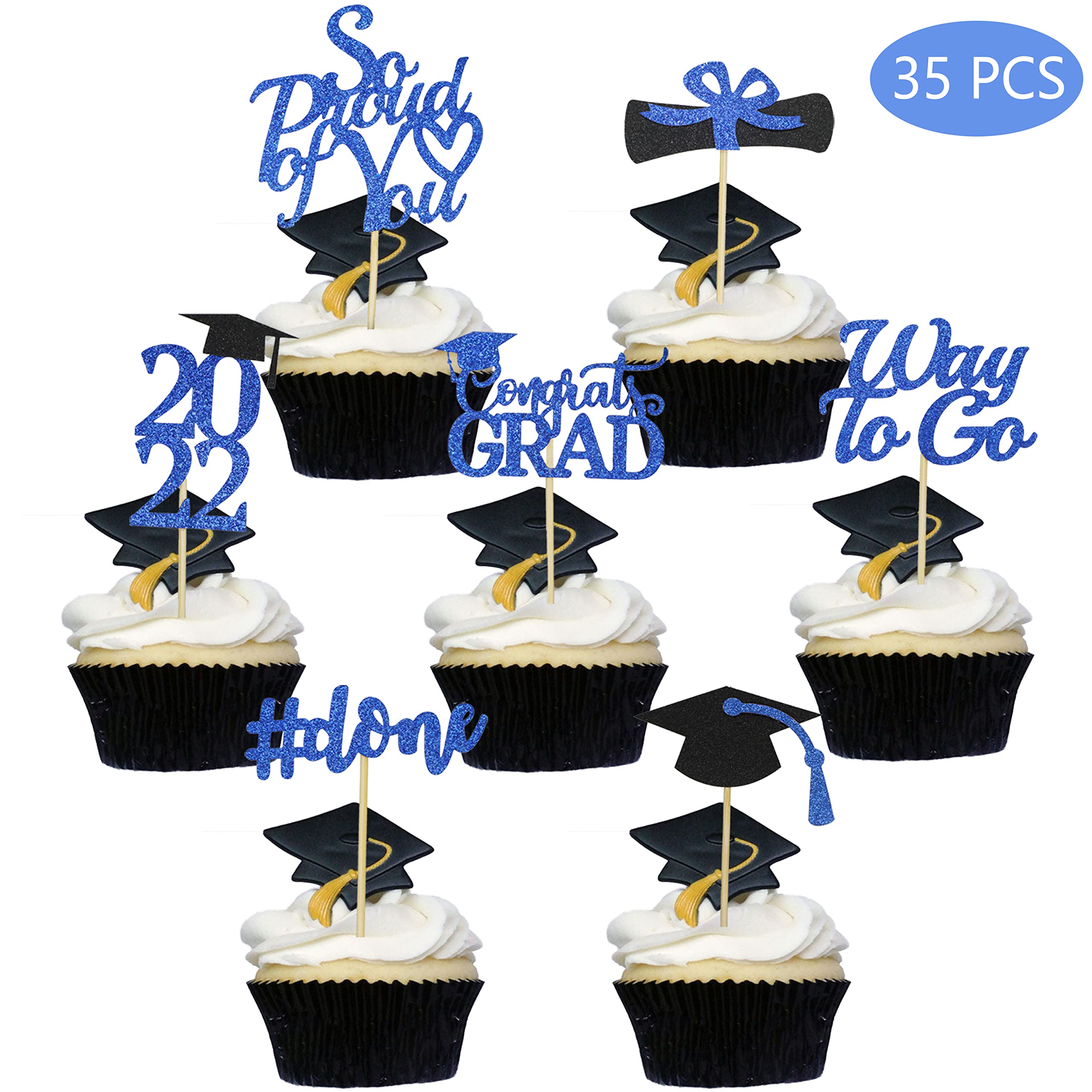 Graduation Cupcake Toppers 2022 Blue, Glitter Class of 2022 Cupcake