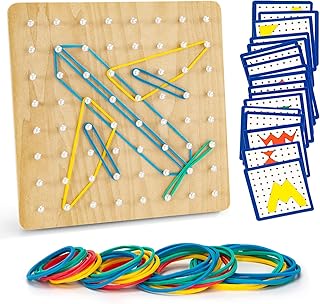 Wooden Geoboard, Graphical Mathematical Education Toy with 24 Pattern Cards and 40 Rubber Bands, Geometry Nail Board Toy Montessori Educational Toys for Kids Boys Girls 3+ Years