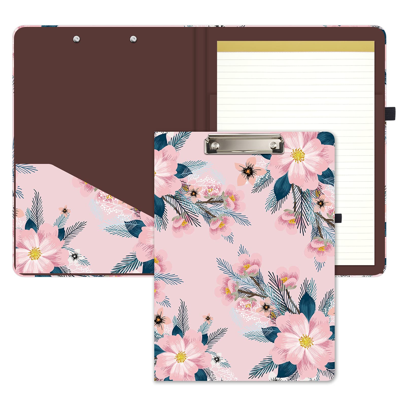 Hongri Clipboard Folio with Refillable Lined Notepad and Interior Storage Pocket for Students, Classroom, Office, Women, Man, Cute Custom Pattern, Size 12.8" x 9.2",Flower Pink — image 1