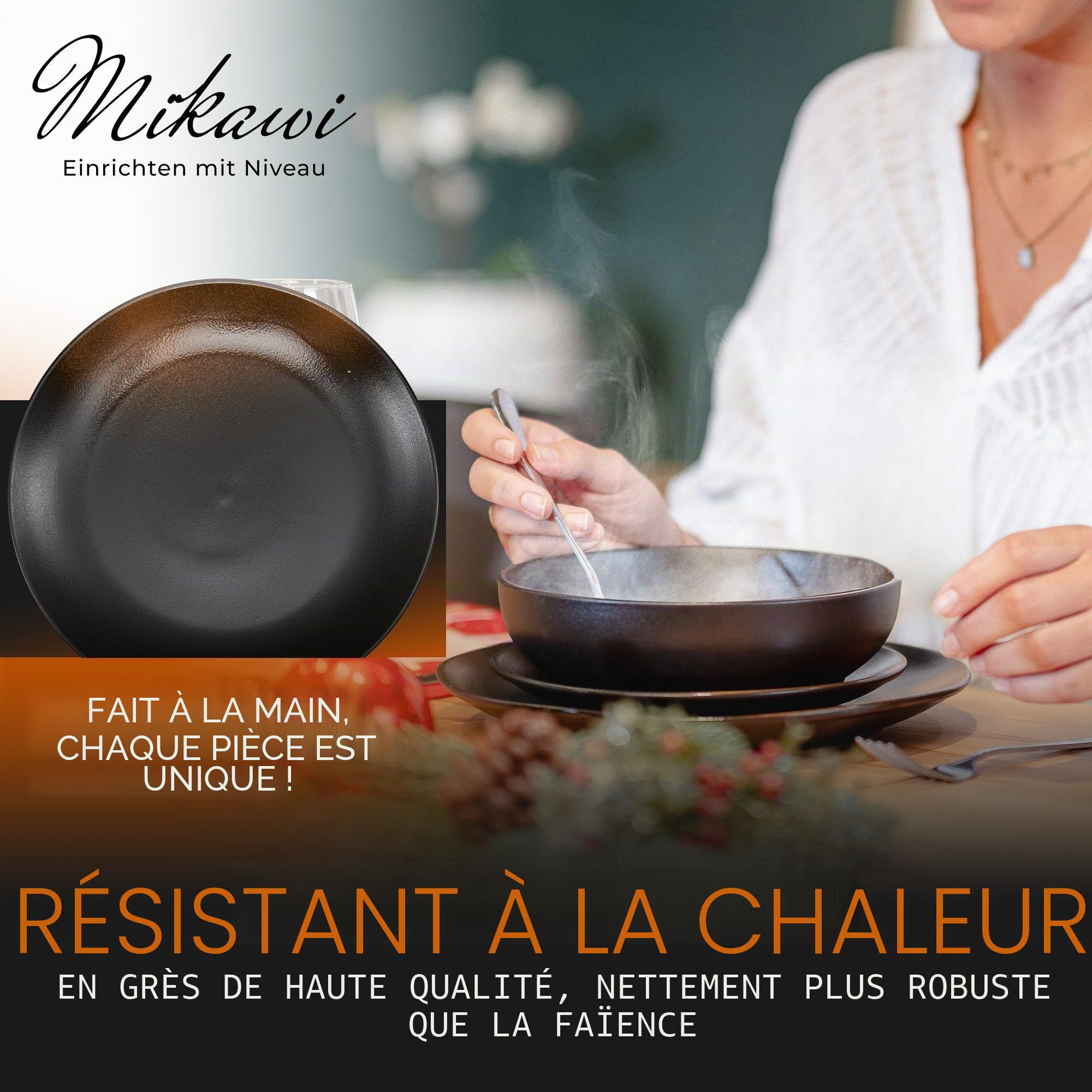 Service de table 12 pièces en grès – Ligne Prairie – Design élégant dans une teinte marron/noir, service composé de 4 assiettes plates, 4 assiettes à dessert et 4 assiettes creuses/collection
