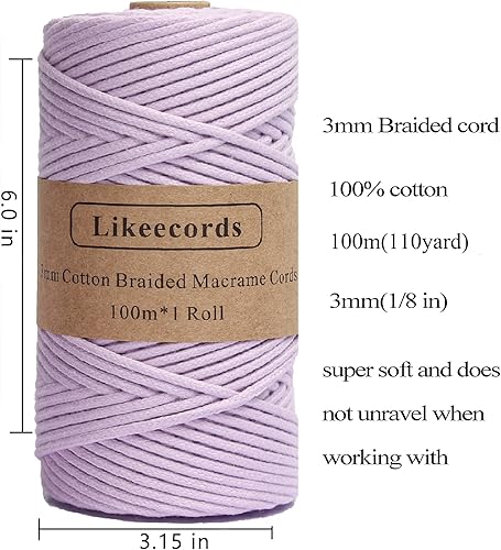 Miniatura 2 de Cordón de algodón trenzado de 0.11 pulgadas x 109 yardas, cuerda de algodón para macramé natural, estilo bohemio, para colgar plantas hechas a mano