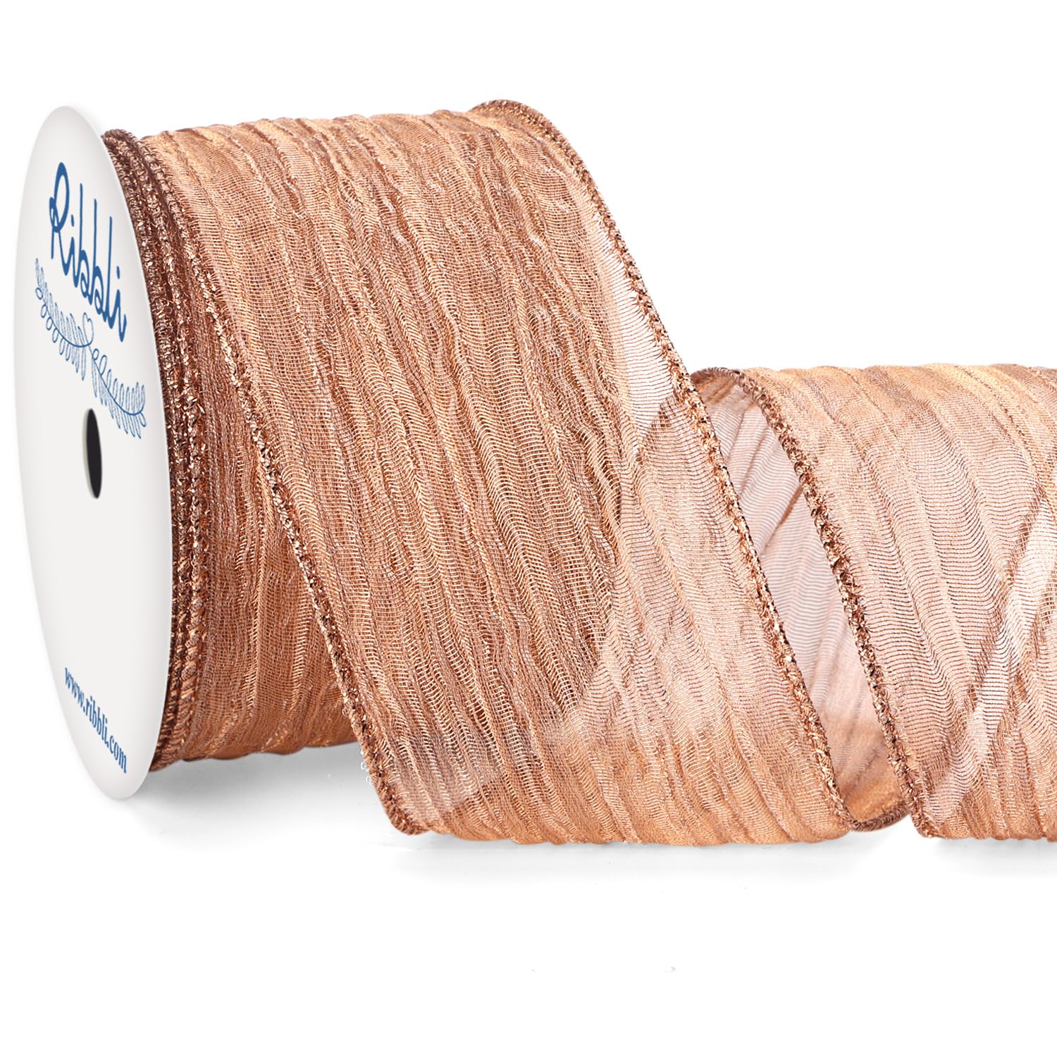 Ribbli Rose Gold Crinkled Wired Ribbon 2.5 Inch with Metallic Wavy Christmas Ribbon for Cristmas Tree Topper Bow Wreaths Swags Gift Wrapping Wedding