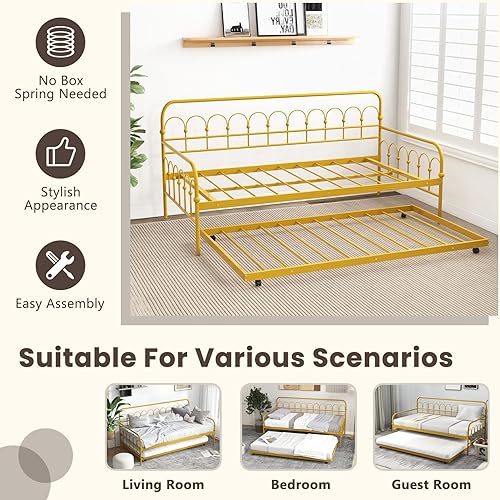 Miniatura 8 de Giantex Sofá cama individual con nido dorado, cama de día de metal con práctica cama nido extraíble, listones de metal, ruedas universales con