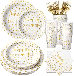 120 Pcs Happily Ever After Tableware Set Wedding Reception Party Table Decorations White and Gold Dot Paper Plates Cups Napkins Forks for 24 Guests Wedding Bridal Shower Engagement Party