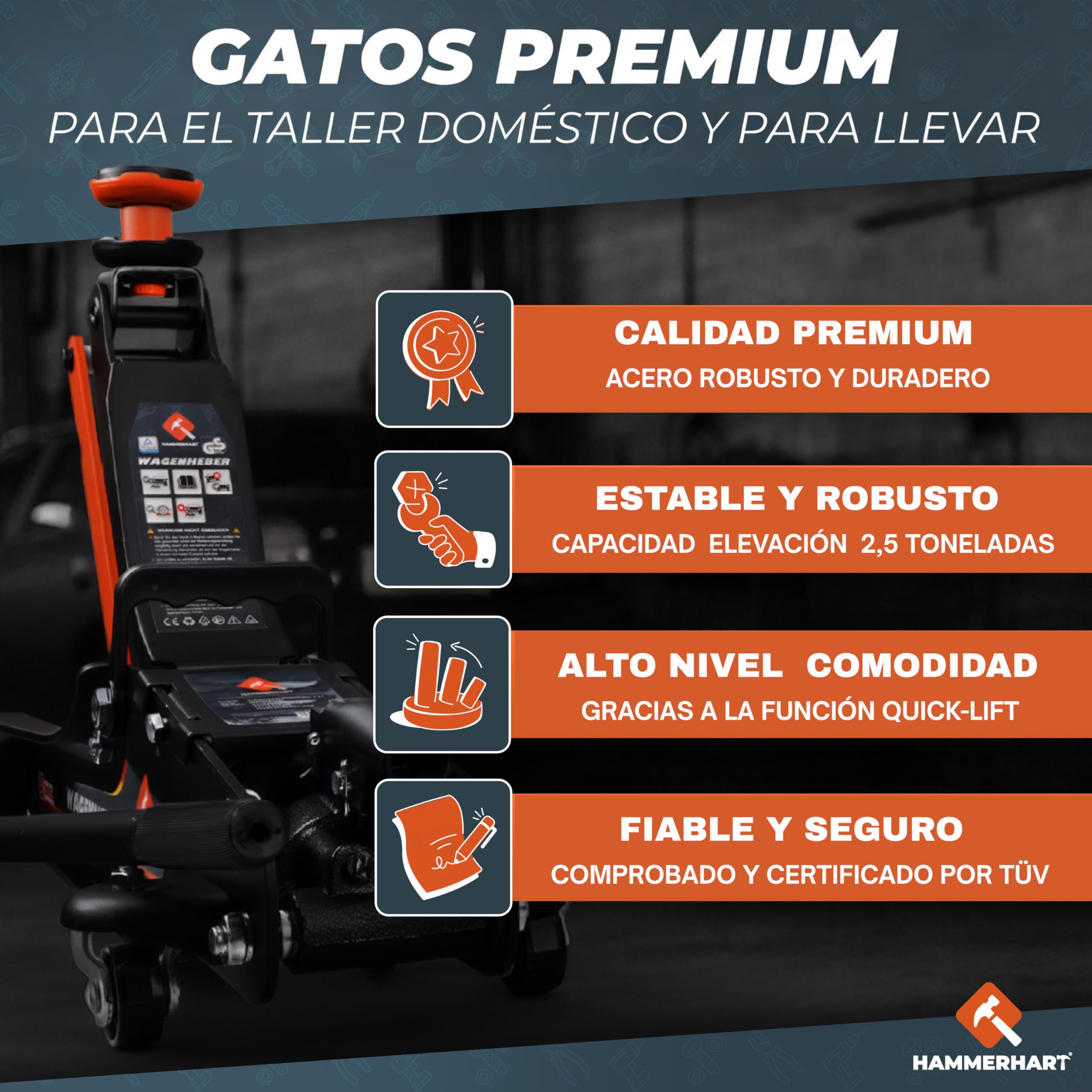 Gato hidraulico para coche 2,5 T | Gato coche maniobra premium homologado TÜV Altura de elevación 85-384 mm | Gato hidráulico plano con ruedas de 360° y pistón doble - Gato de 2,5 toneladas con almoha