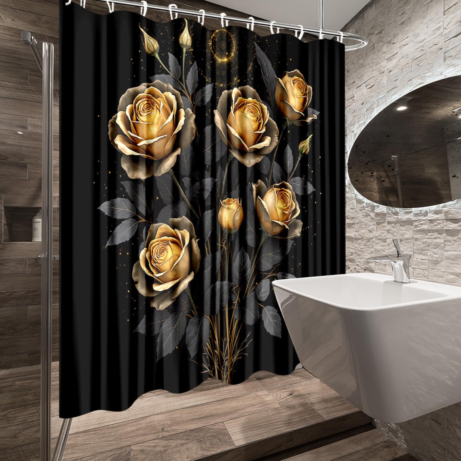 Rideau de douche rose noir et doré en tissu polyester 120x150cm pour salle de bain