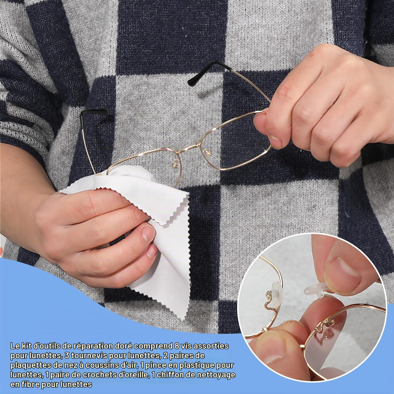 Kit d'outils de réparation de lunettes doré - Kit de réparation de lunettes de vue avec vis à lunettes, plaquettes de nez, petit tournevis, pince à épiler pour lunettes, lunettes de soleil, montre