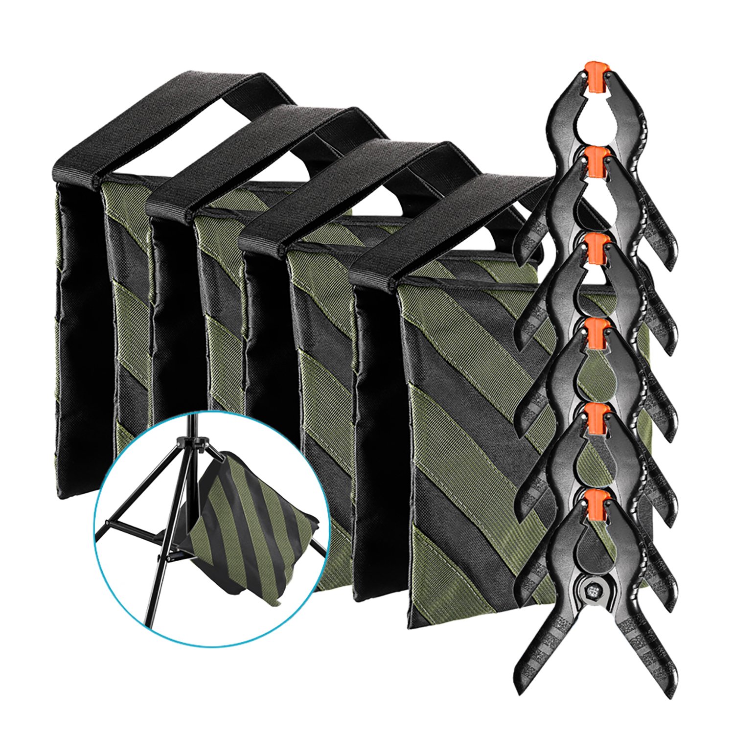 Neewer 4-Pack Photography Sandbag (Black/Army Green, Empty) and 6-Pack 4.3 inches/11 Centimeters Muslin Backdrop Spring Clamps Clips for Light Stands, Tripods and Other Lighting Accessories