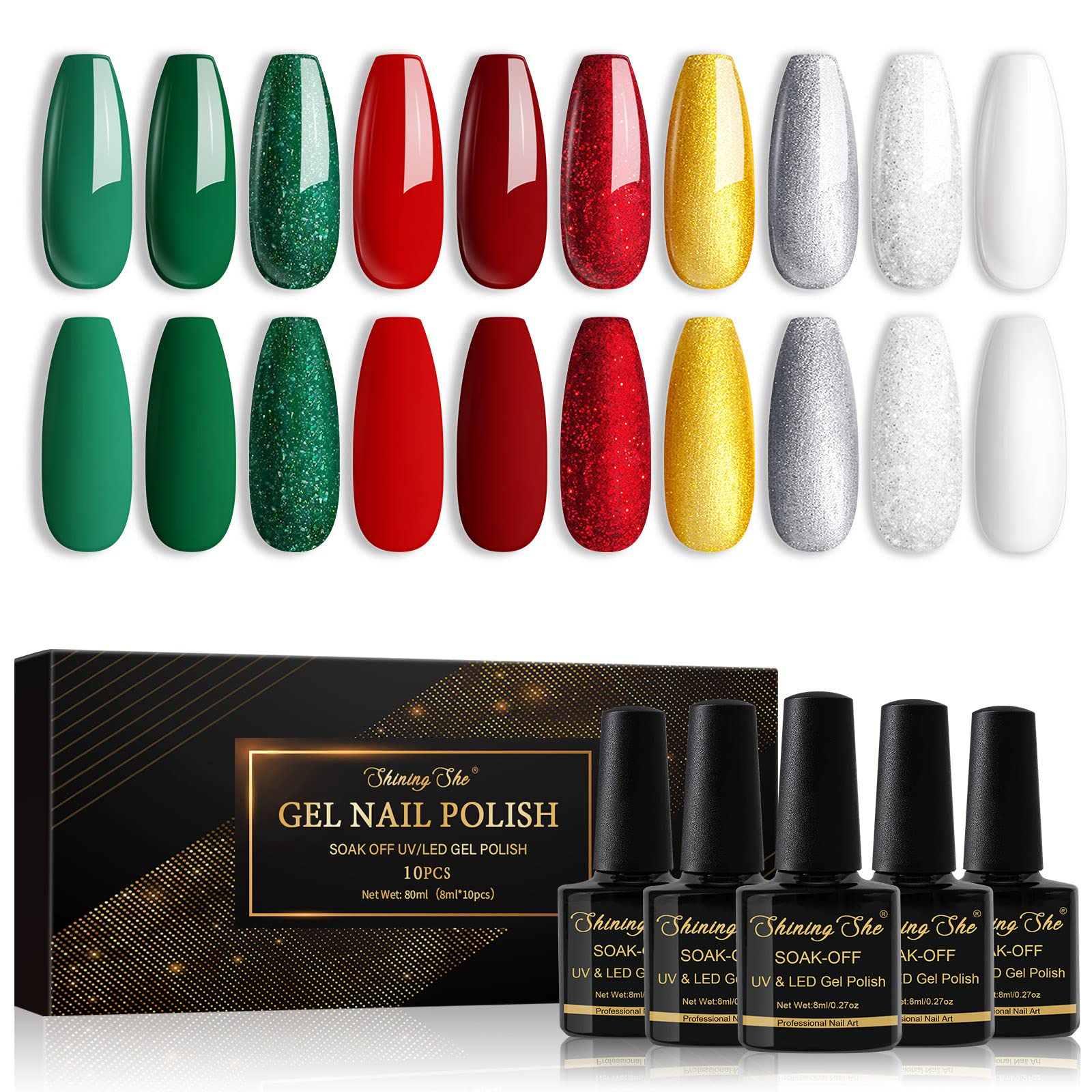 Shining She UV Nagellack Weihnachten Set,10 Farben Glitzer Gold Grün Rot Weiss Herbst Winter Gel Nagellack Set Soak Off UV Gel Nail Polish für Anfänger DIY Nail,8ML