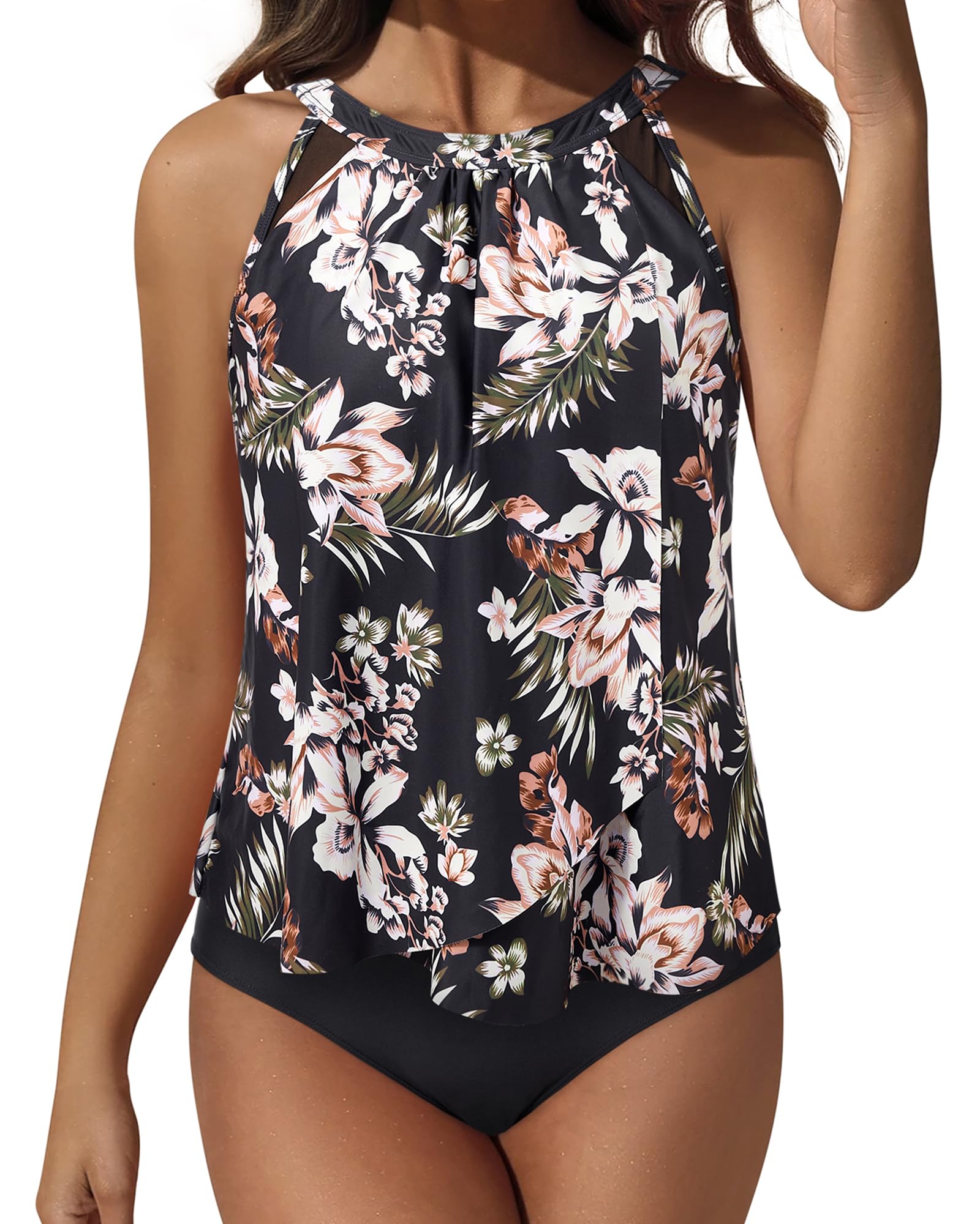 SUUKSESS Women Tummy Control Tankini Bathing Suit Ruffle High Waisted Swimsuit