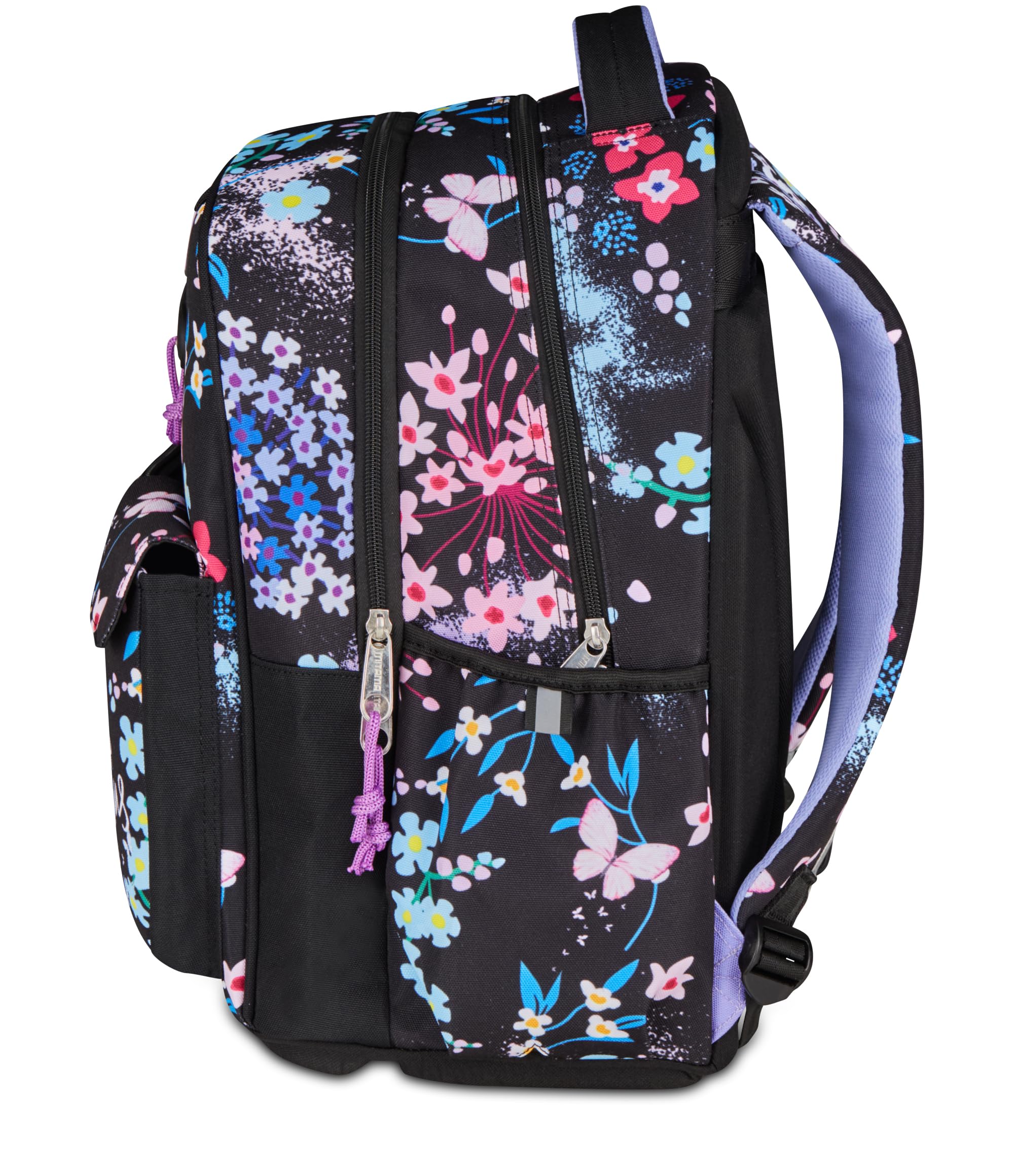 Mitama Zaino Scuola Elementare M-Power TrendyFlowers, Triplo Scomparto, Ragazzi e Ragazze, Tasca Porta Borraccia, Schienale Imbottito, viola