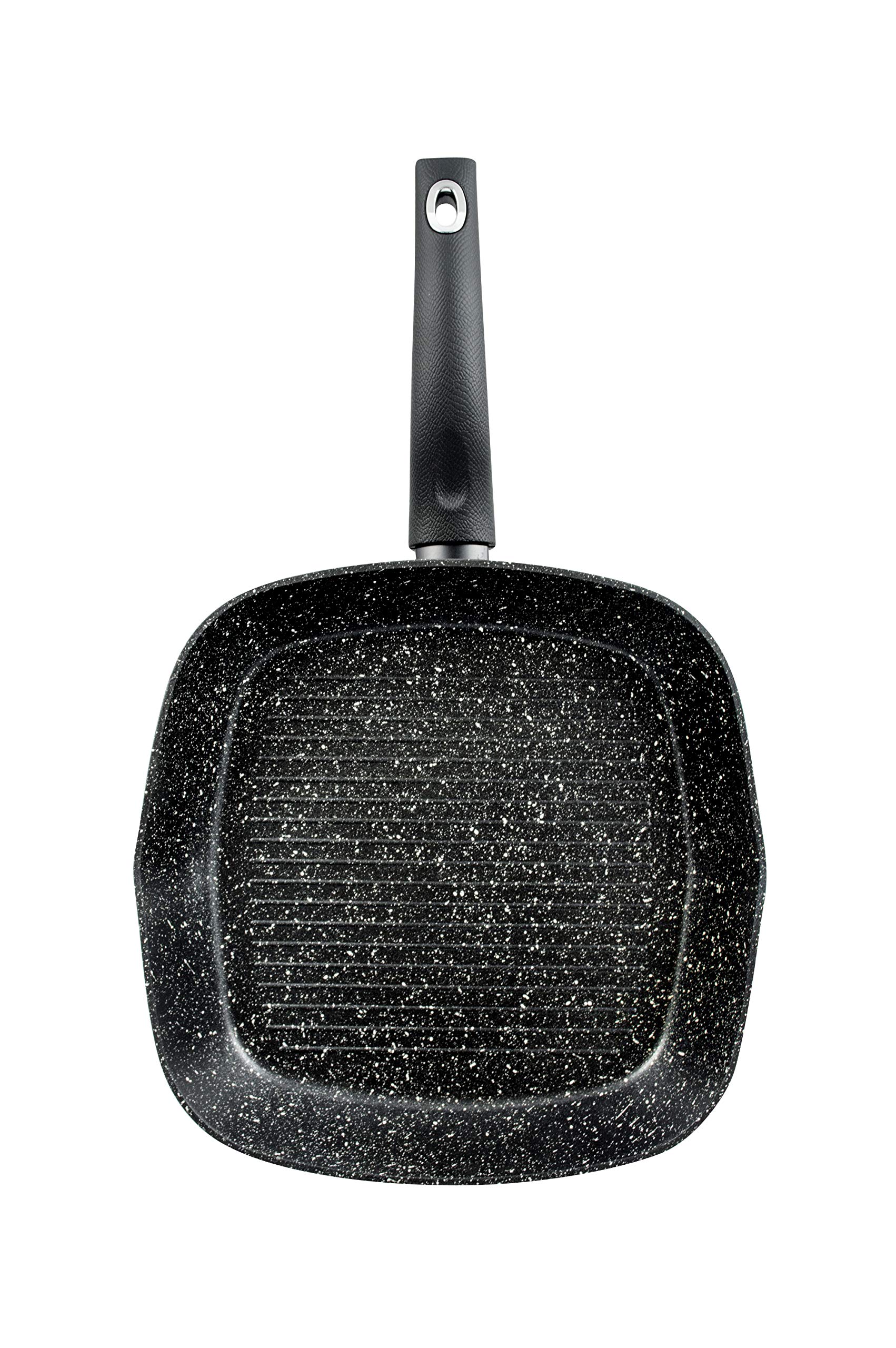 Magefesa Roka Asador 28 cm de aluminio forjado bicapa efecto piedra, color exterior efecto piedra. Full induction. Mango soft touch negro.