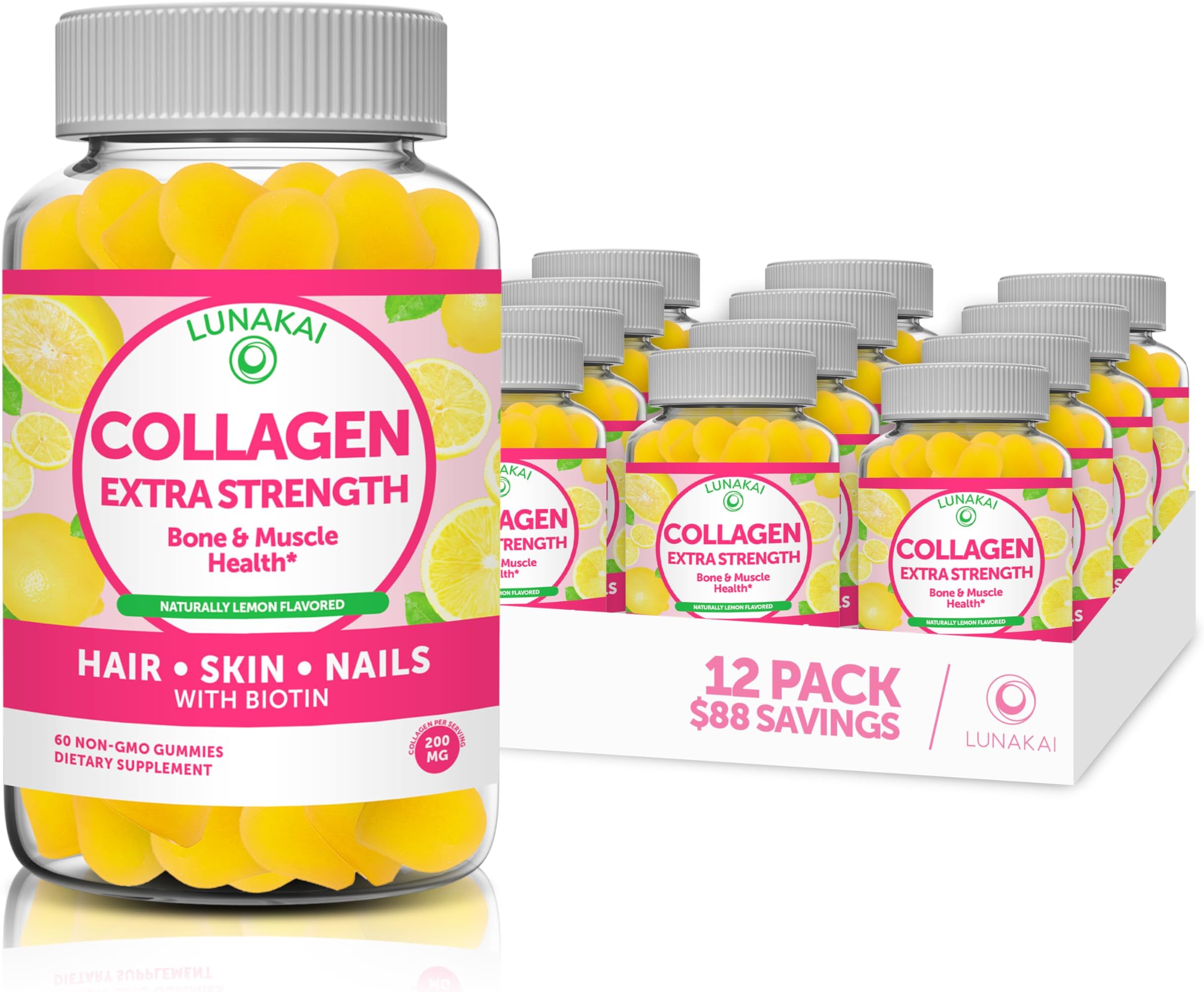 Lunakai Collagen Gummies - Tastiest Proprietary Formula - 200mg Hydrolyzed Collagen Gummies for Women and Men with Biotin, Zinc, Vitamin C and E - Non-GMO Anti Aging Supplement for Women - 12 Pack