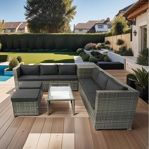 Goohome 6 muebles de exterior, juegos de conversación de patio, sofá de ratán de polietileno de mimbre con mesa de vidrio templado y cojines, sofá