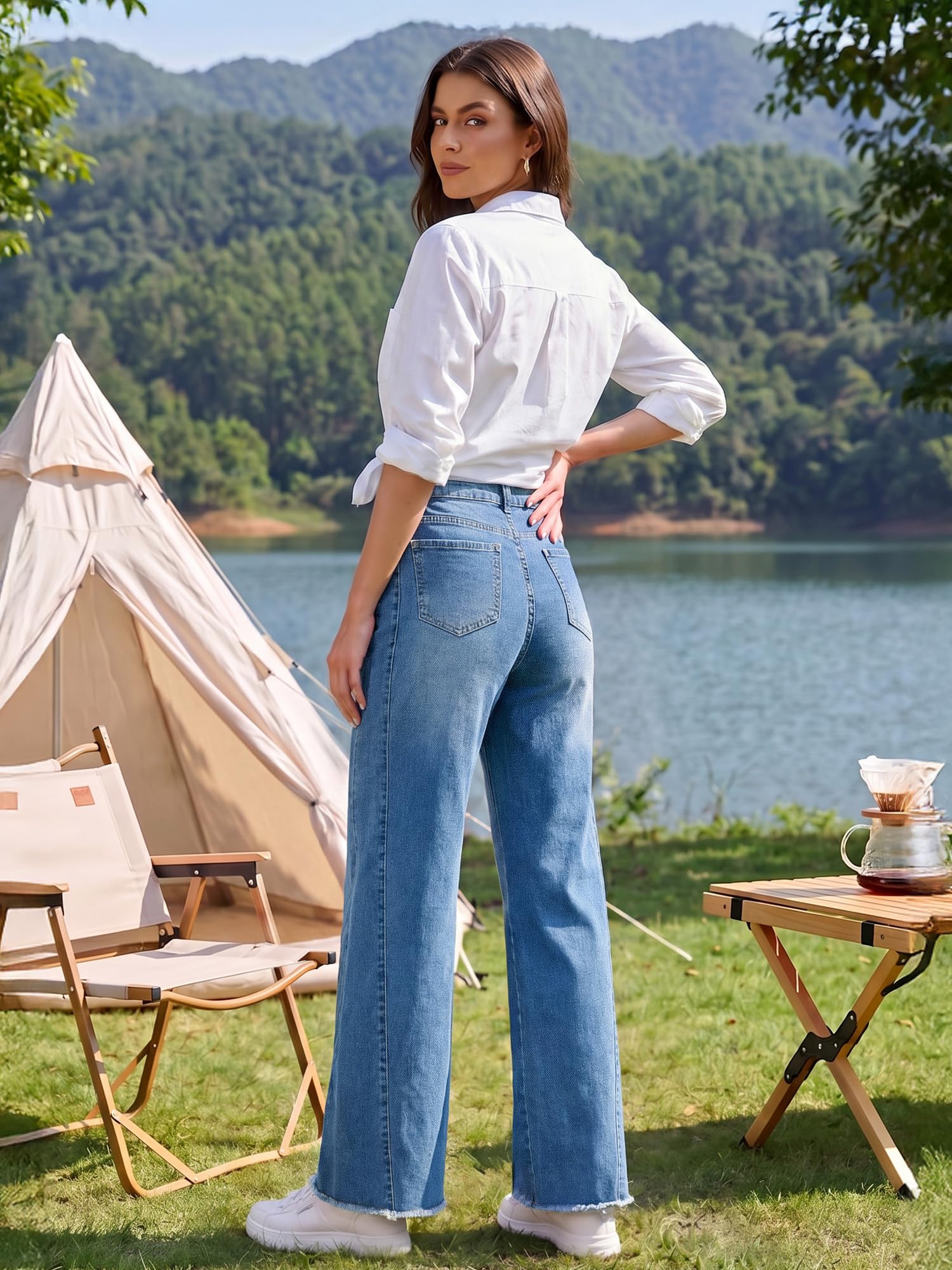 Baggy Jeans Damen High Waist Weites Bein Stretch Hosen Damen