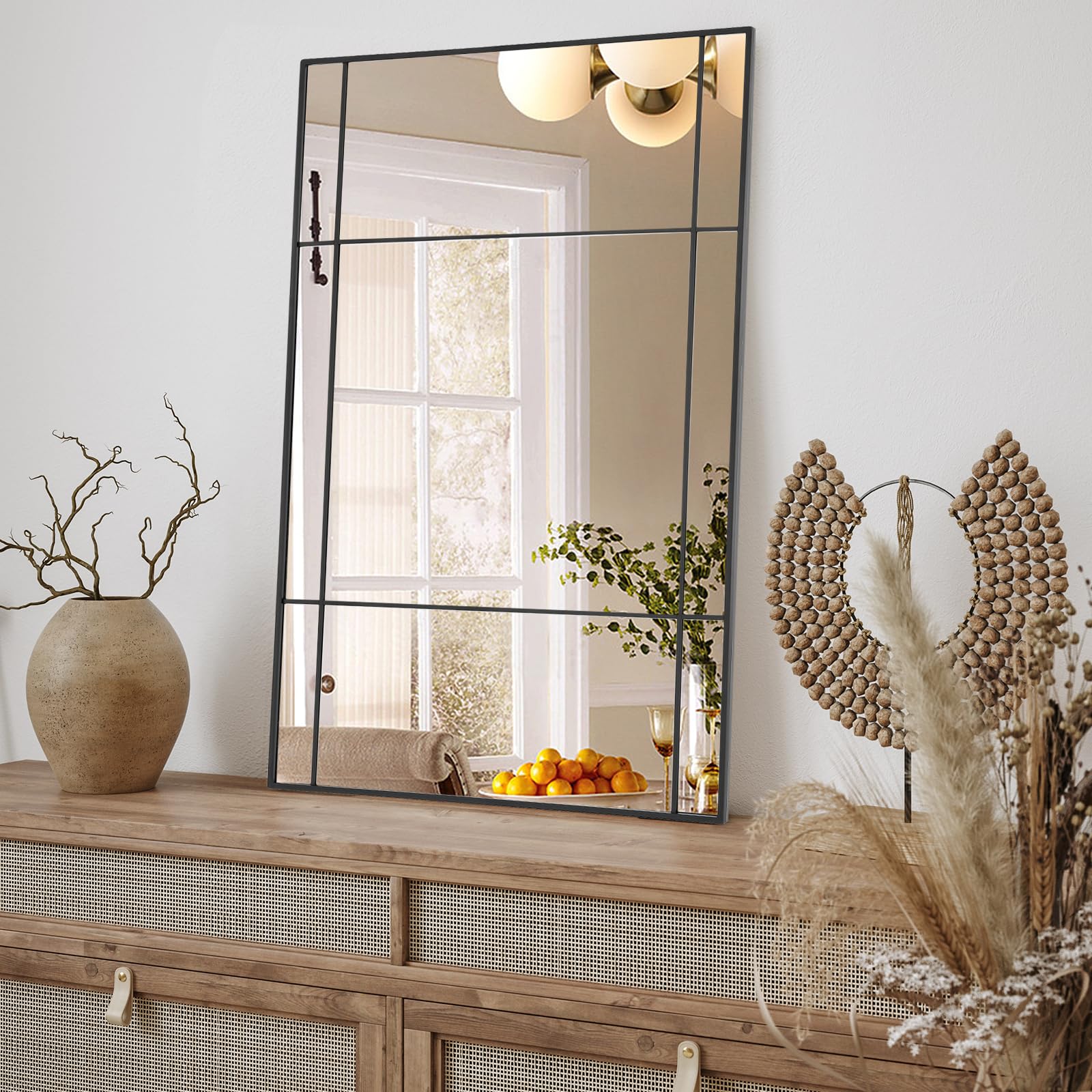 Espejo de pared rectangular con marco de metal negro