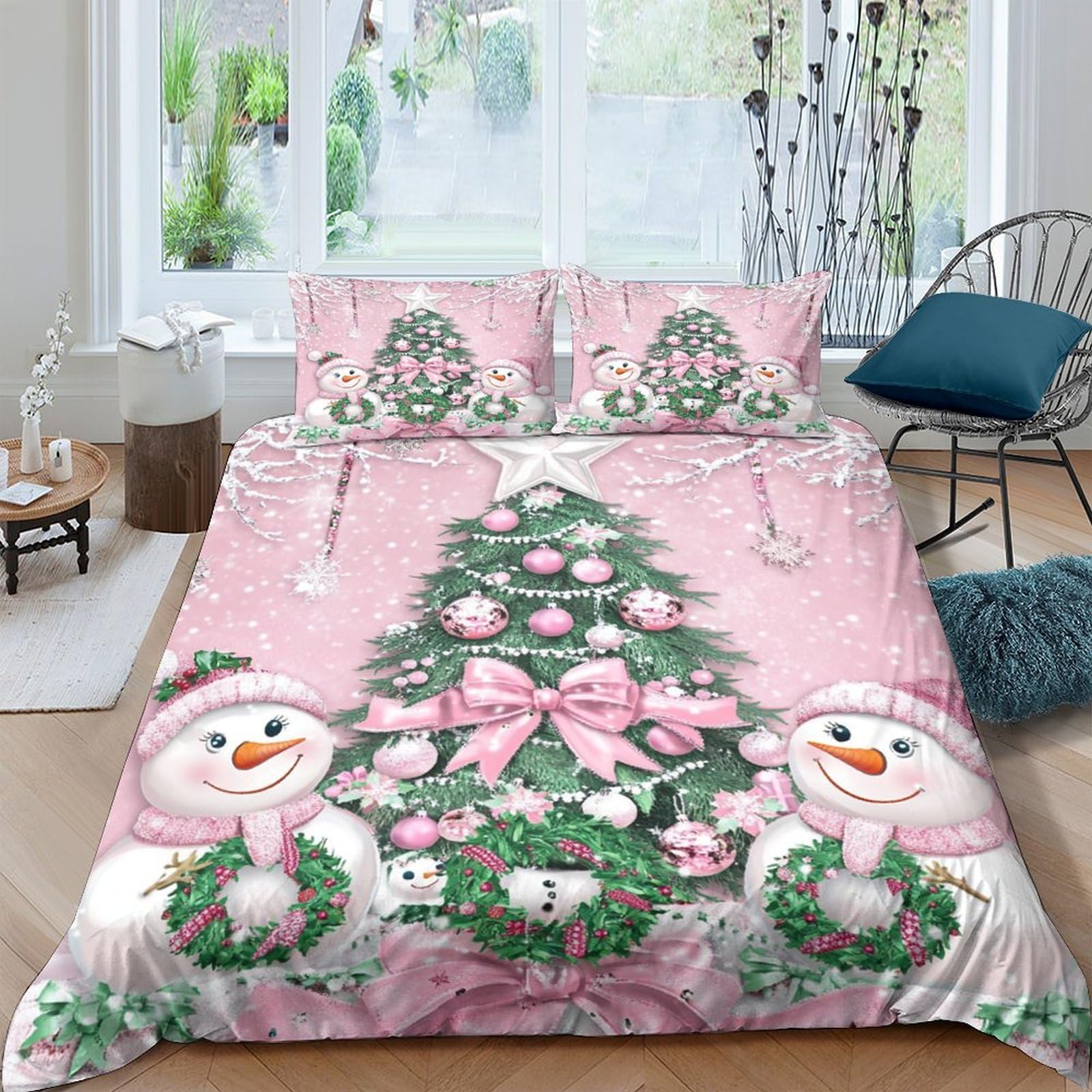GPLZQXKJNH 3D Printed Pink Christmas Tree Duvet Cover Microfiber Soft Snowman Bedding Set with 2 Pillowcases for Bedroom Decor Single（135x200cm）