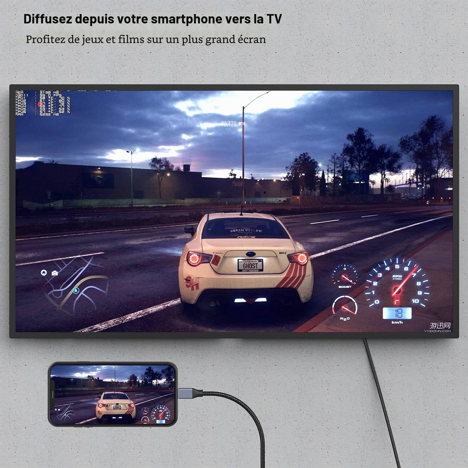 BENFEI Câble USB C vers DisplayPort 8K@60Hz 4K@144Hz, Thunderbolt 3/4 vers DisplayPort mâle à mâle Cordon, compatible avec la série iPhone 16/15, Boîtier en Nylon et Aluminium-1.8M