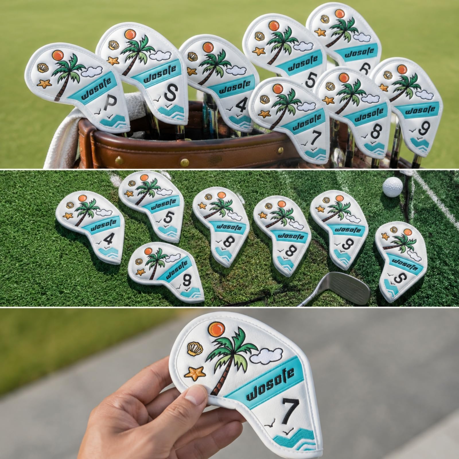 Funda para Hierro de Golf Cubierta Protector Capucha Accesorio con Material PU Resistente y Acolchado Diseño Bordado de Palmeras Marca del Palo Visible Adecuada para Transporte Juego Práctica