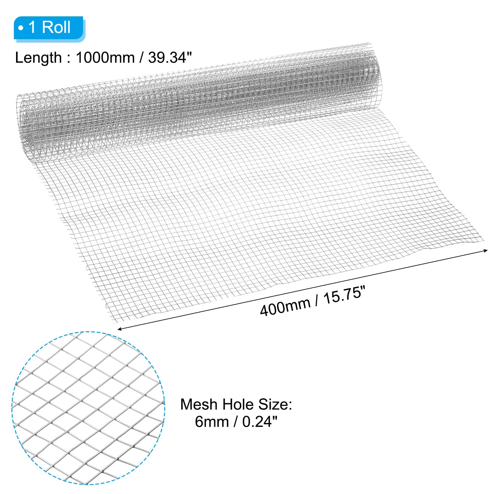 PATIKIL Grillage Métallique 15.8"x3.3ft, 1/4"(6mm) 20 Gauge Soudé 304 En Acier Inoxydable Rouleau de Treillis Métallique Clôture pour Jardin Animaux Clôture à Poulailler Enclos pour Lapins